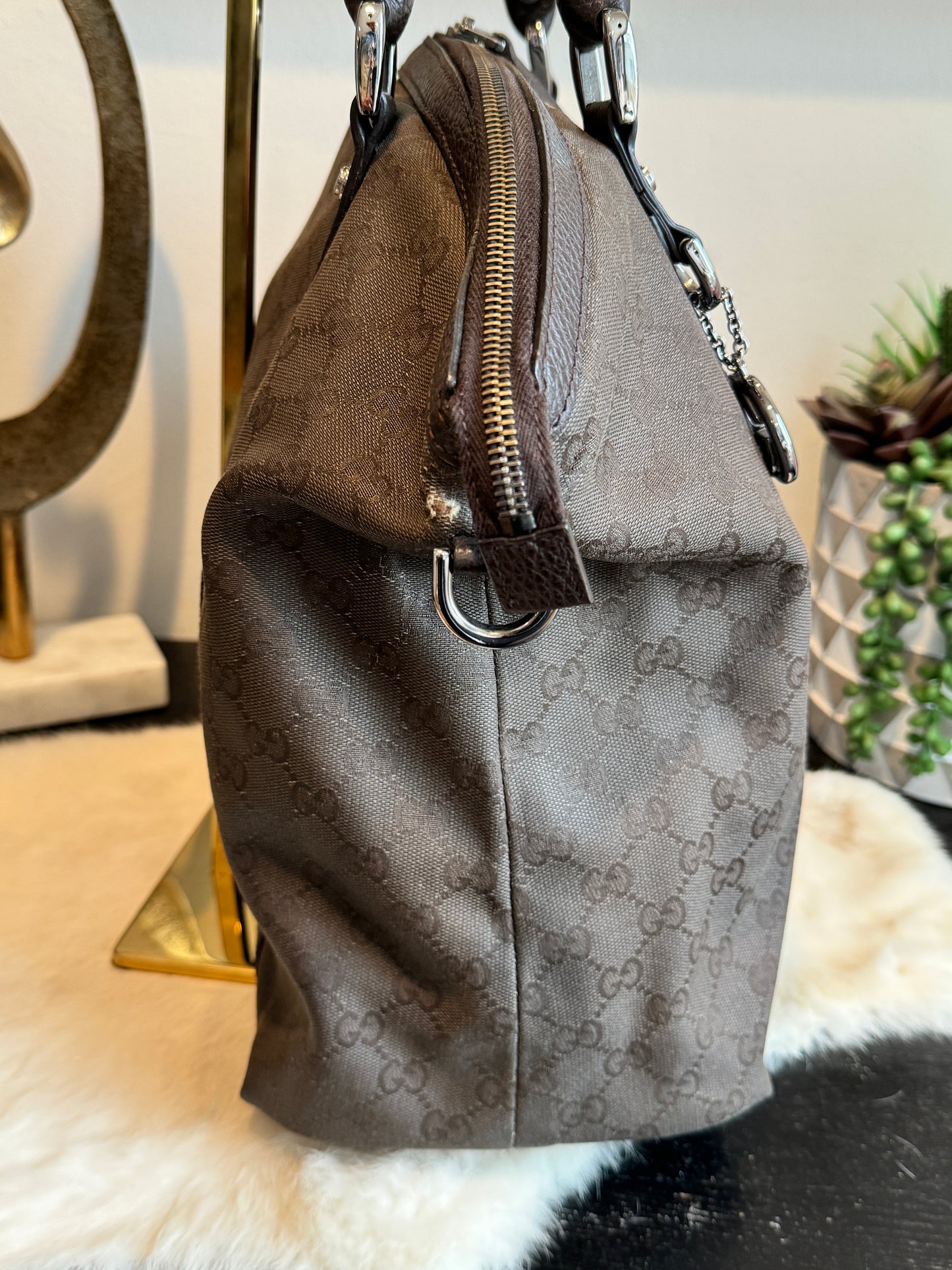 GUCCI DK Brown Canvas/Leather Large Dome Tote