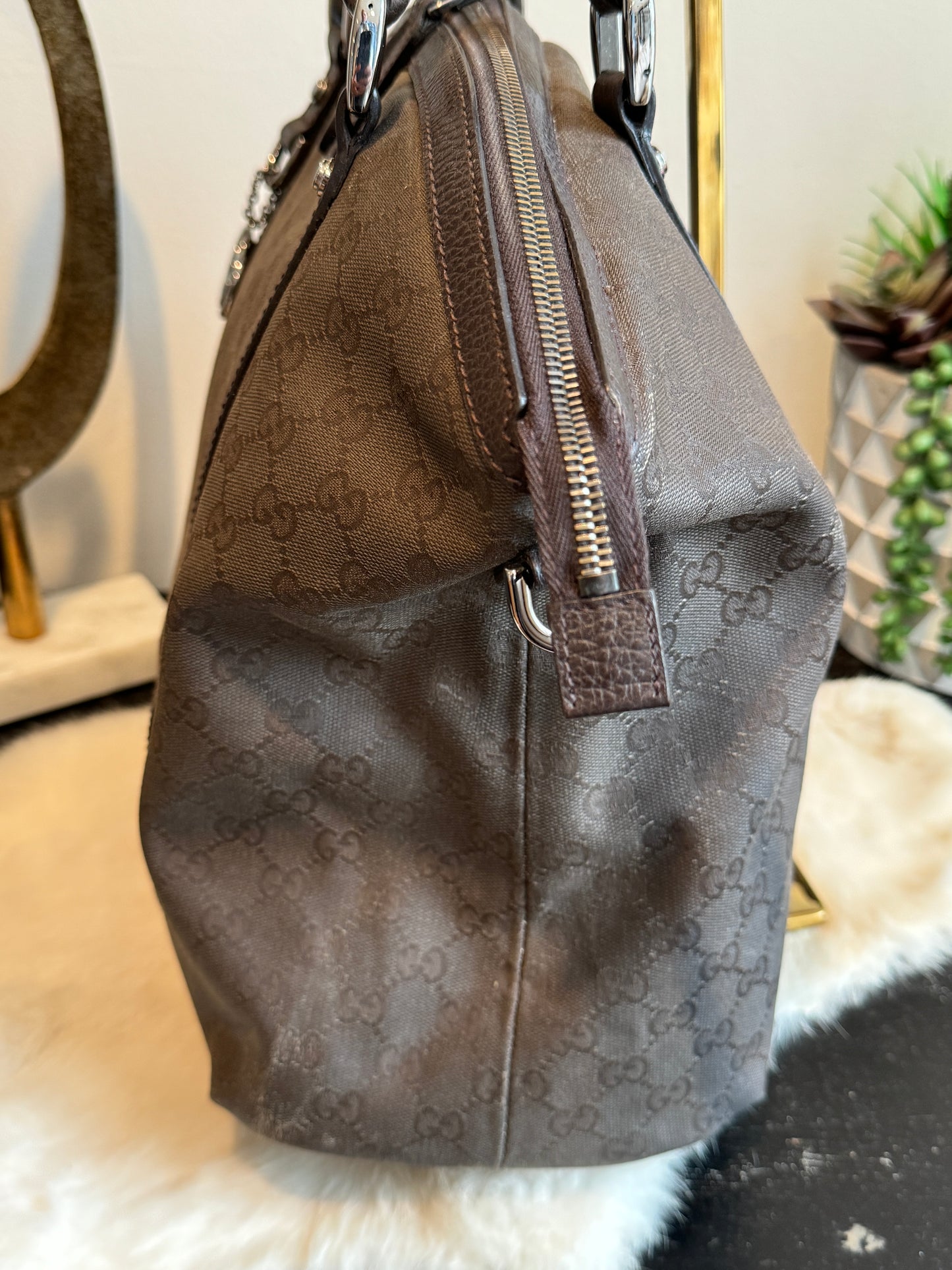 GUCCI DK Brown Canvas/Leather Large Dome Tote