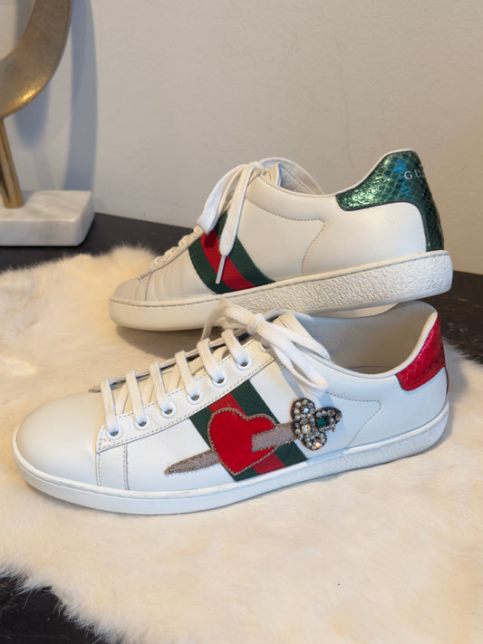 GUCCI Ace Rhinestone Sword Hearts Women's Sneakers 38EU