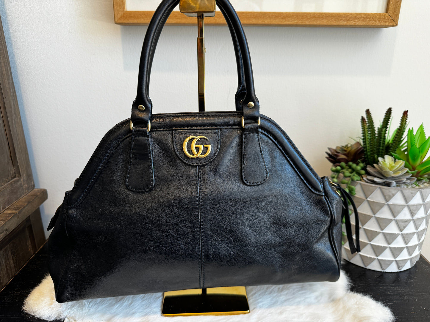 GUCCI Re Belle 2-Way Medium Crumpled Calfskin Black Bag