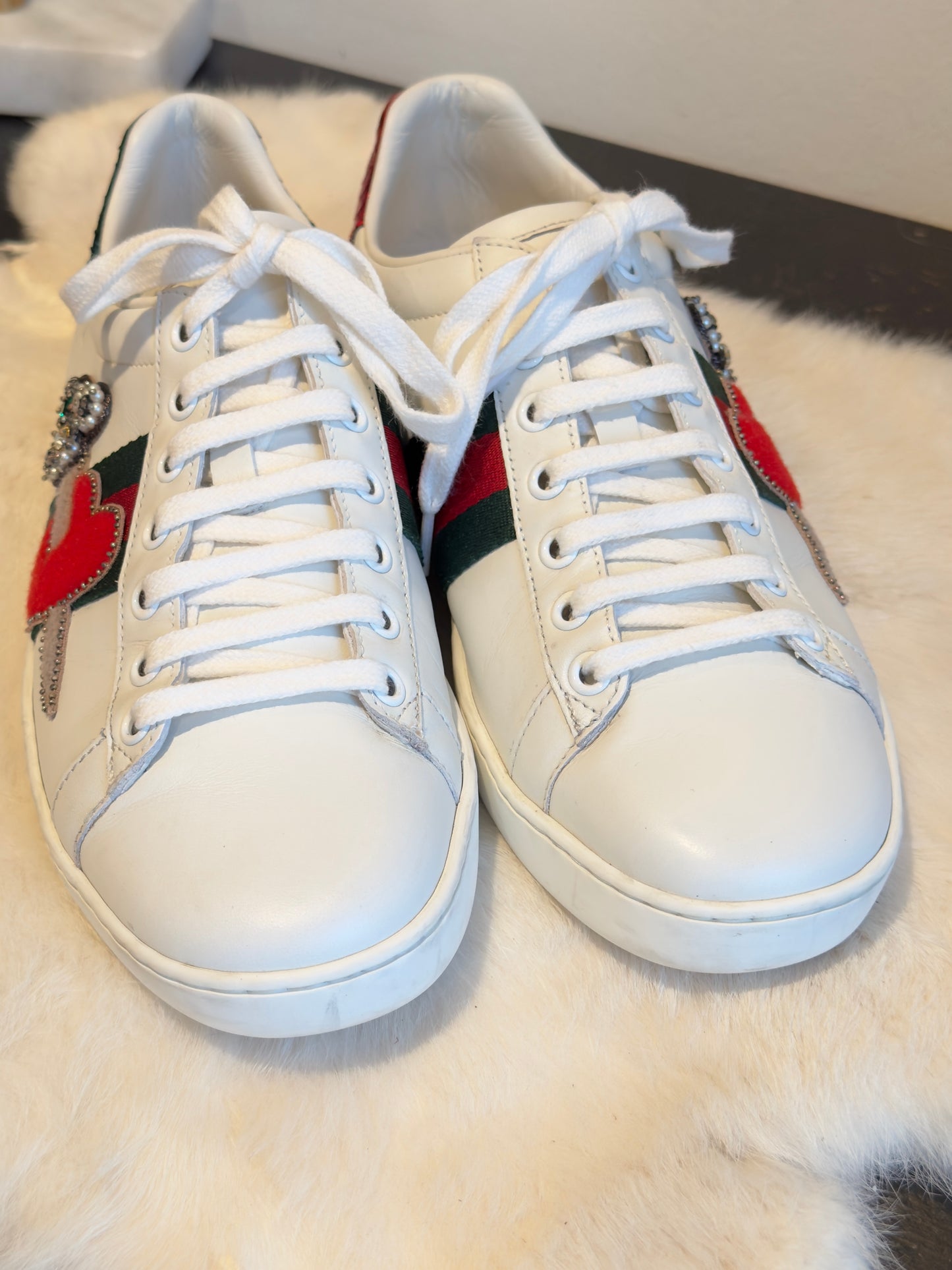 GUCCI Ace Rhinestone Sword Hearts Sneakers 38EU