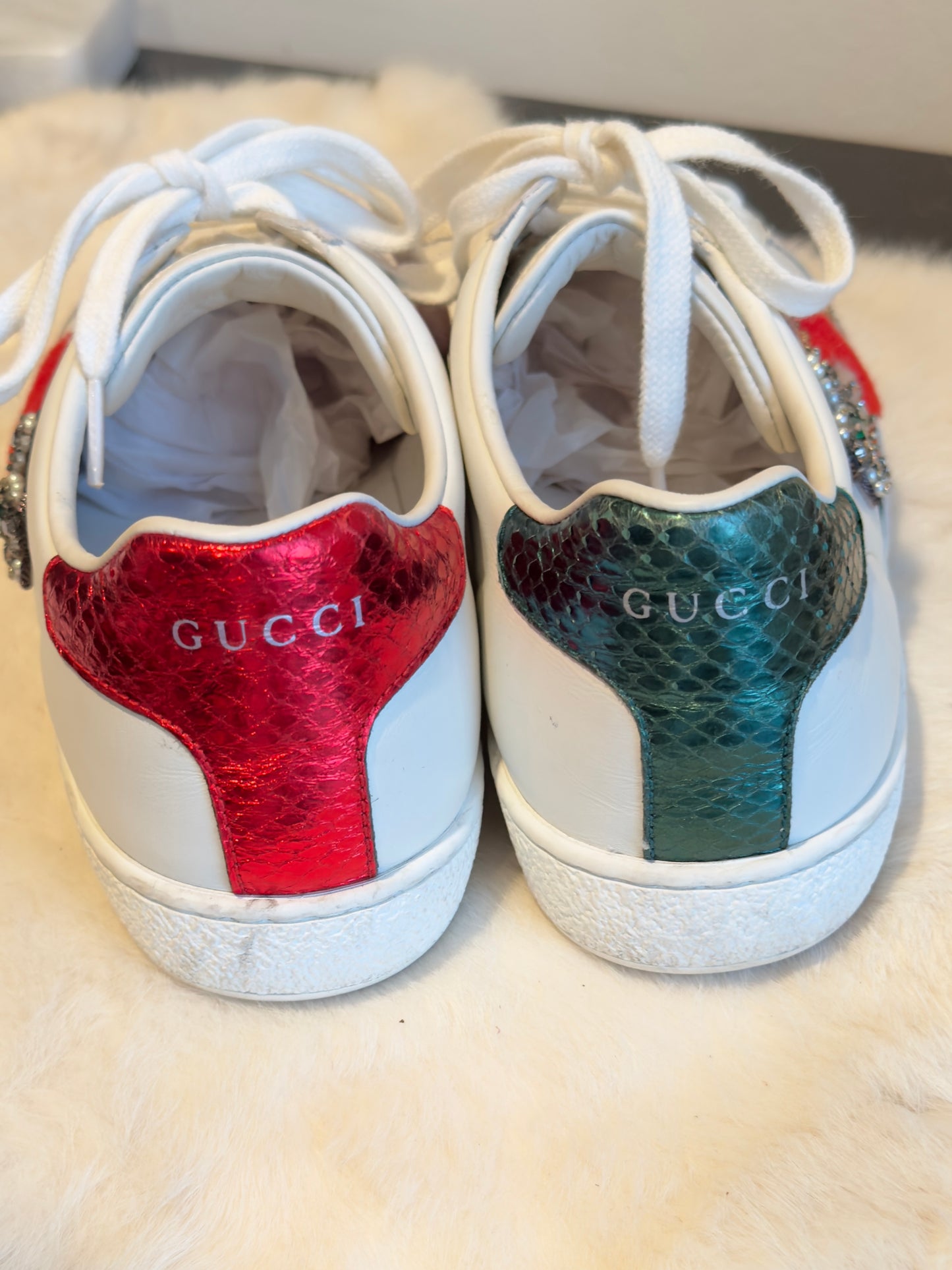 GUCCI Ace Rhinestone Sword Hearts Sneakers 38EU