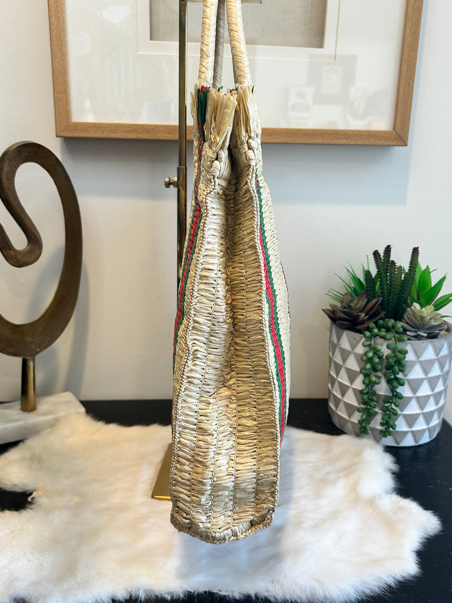 GUCCI Hand woven Raffia Cestino Tote Bag