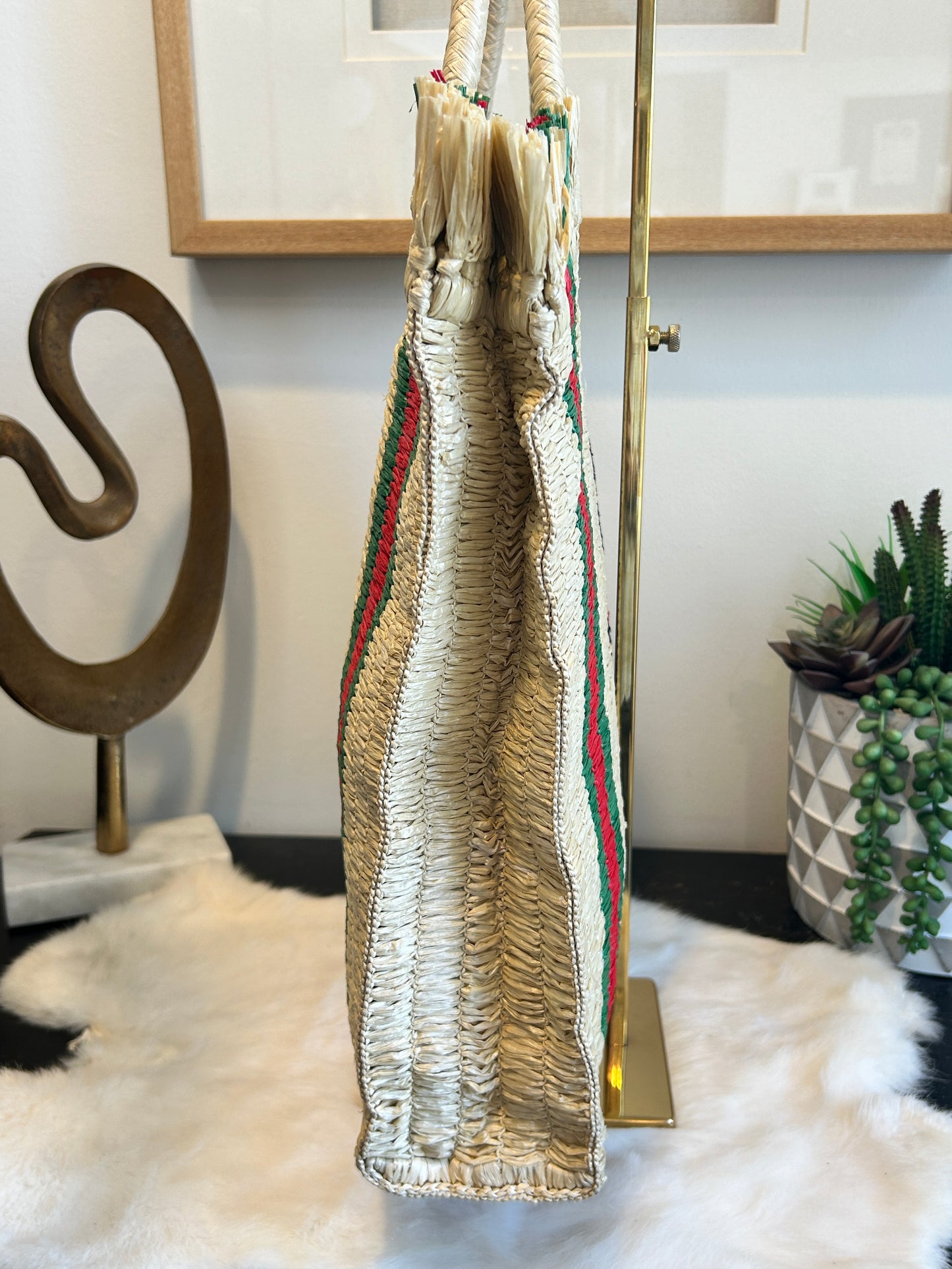 GUCCI Hand woven Raffia Cestino Tote Bag