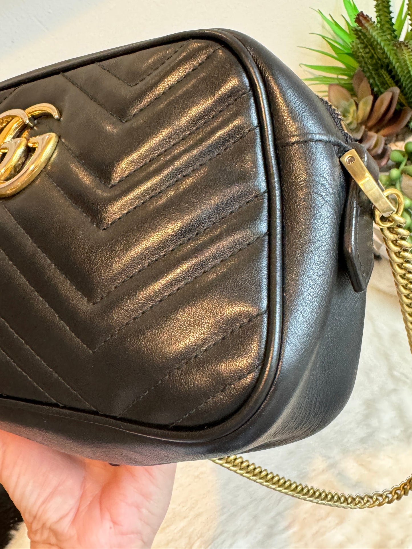 GUCCI Black Leather GG Marmont Small Camera Bag