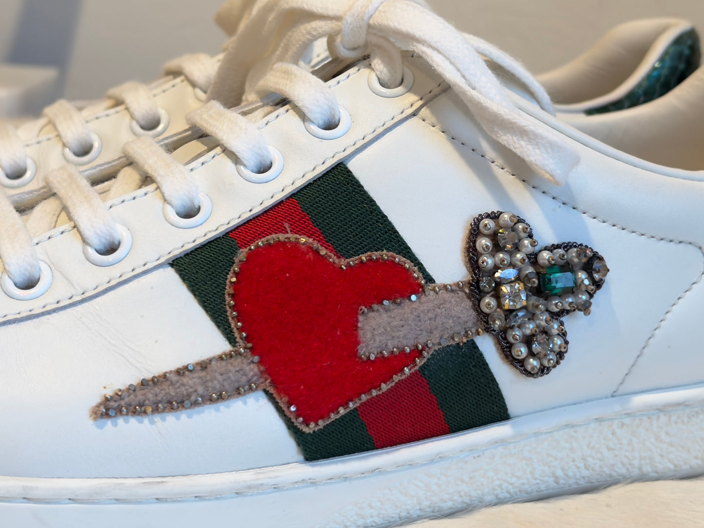 GUCCI Ace Rhinestone Sword Hearts Sneakers 38EU