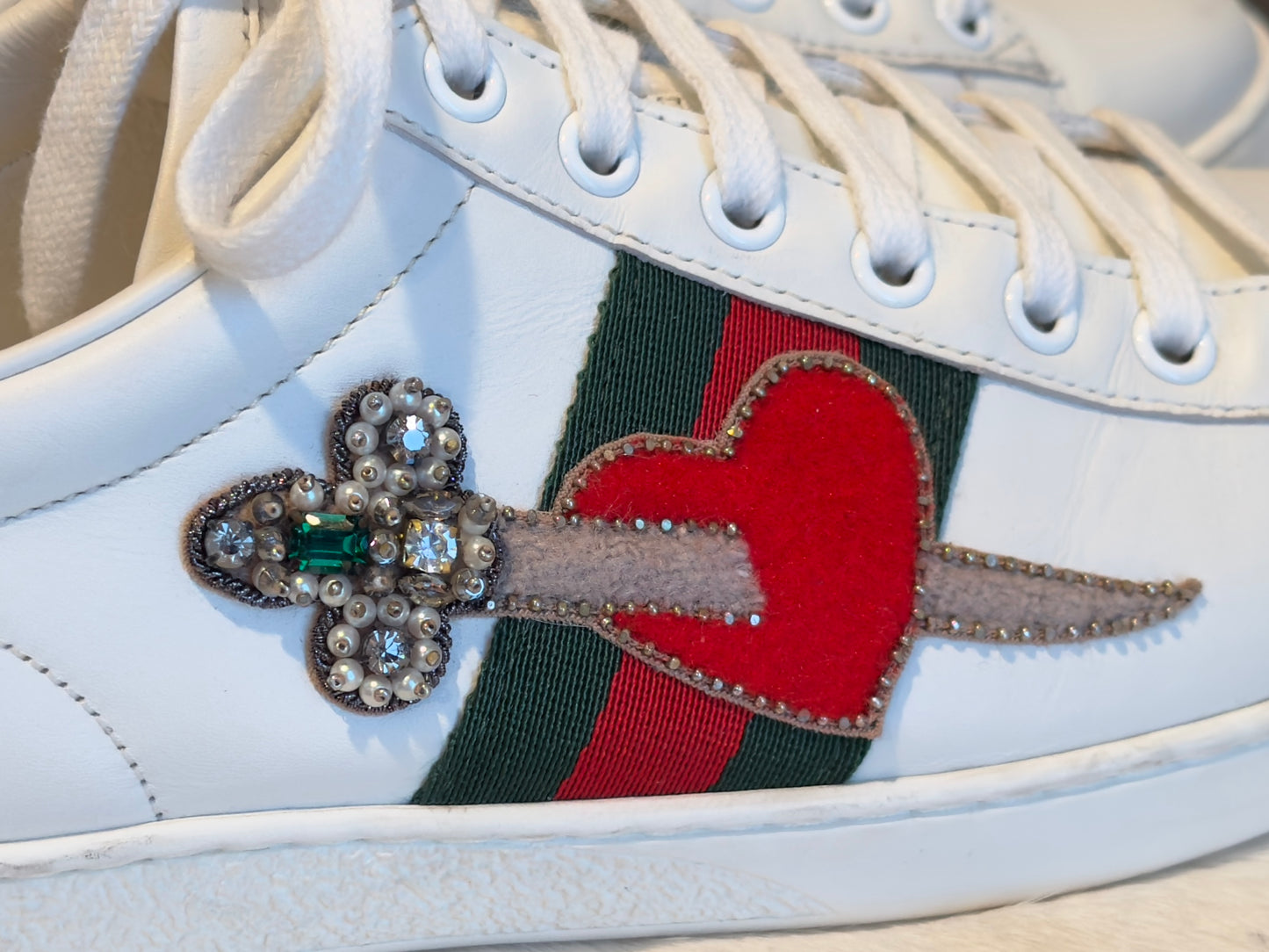 GUCCI Ace Rhinestone Sword Hearts Sneakers 38EU