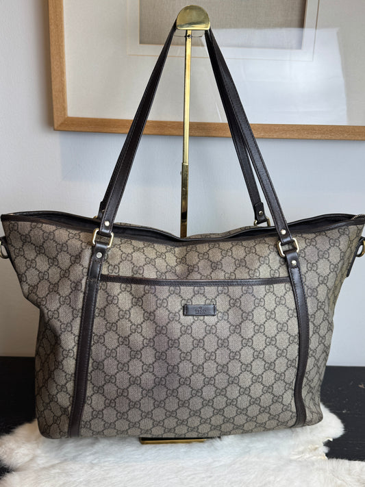 GUCCI Supreme Canvas Zip Top Dk Brown Tote