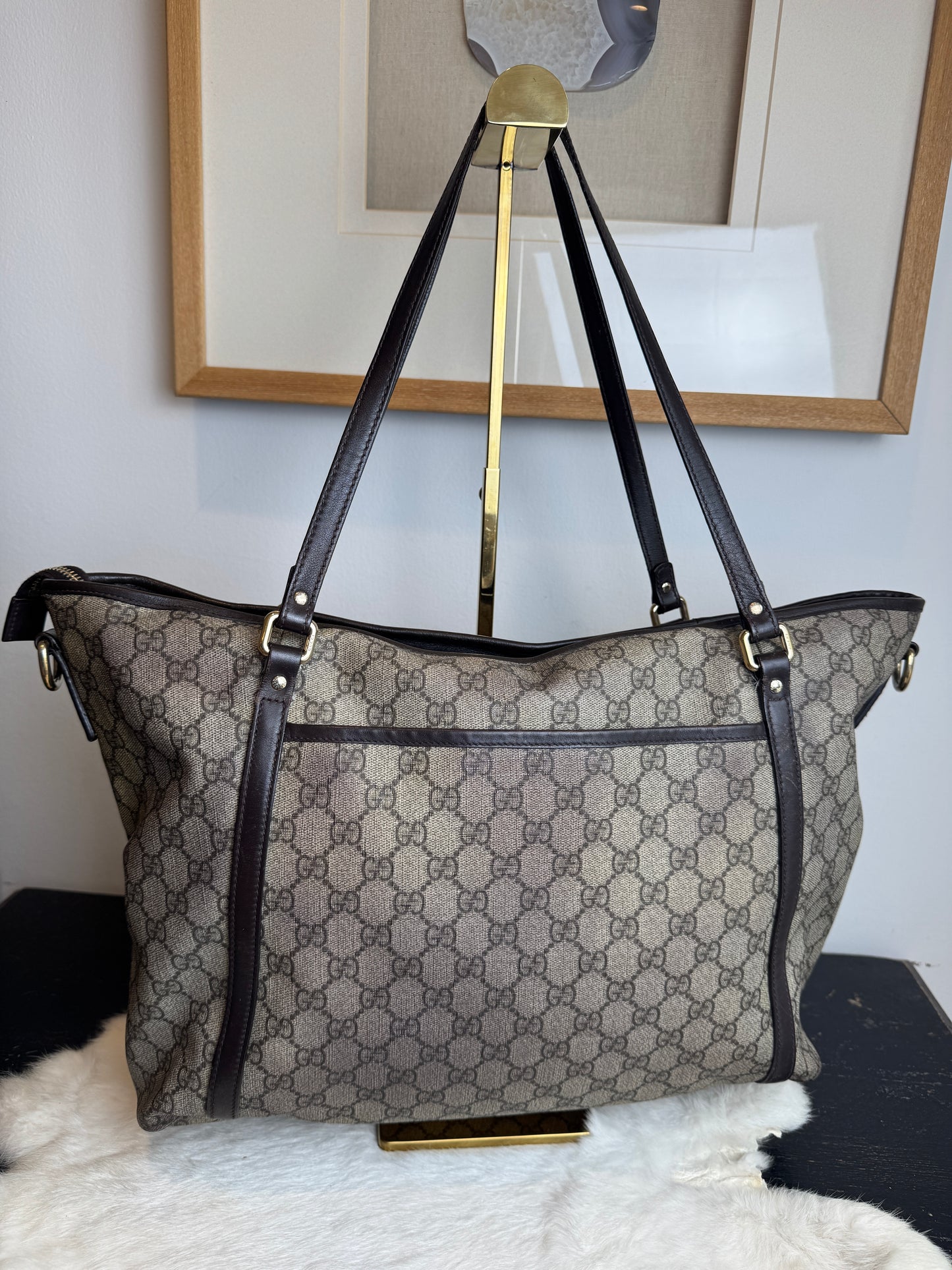 GUCCI Supreme Canvas Zip Top Dk Brown Tote