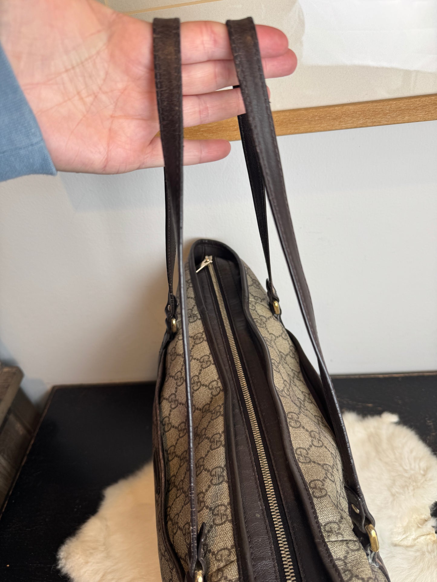 GUCCI Supreme Canvas Zip Top Dk Brown Tote