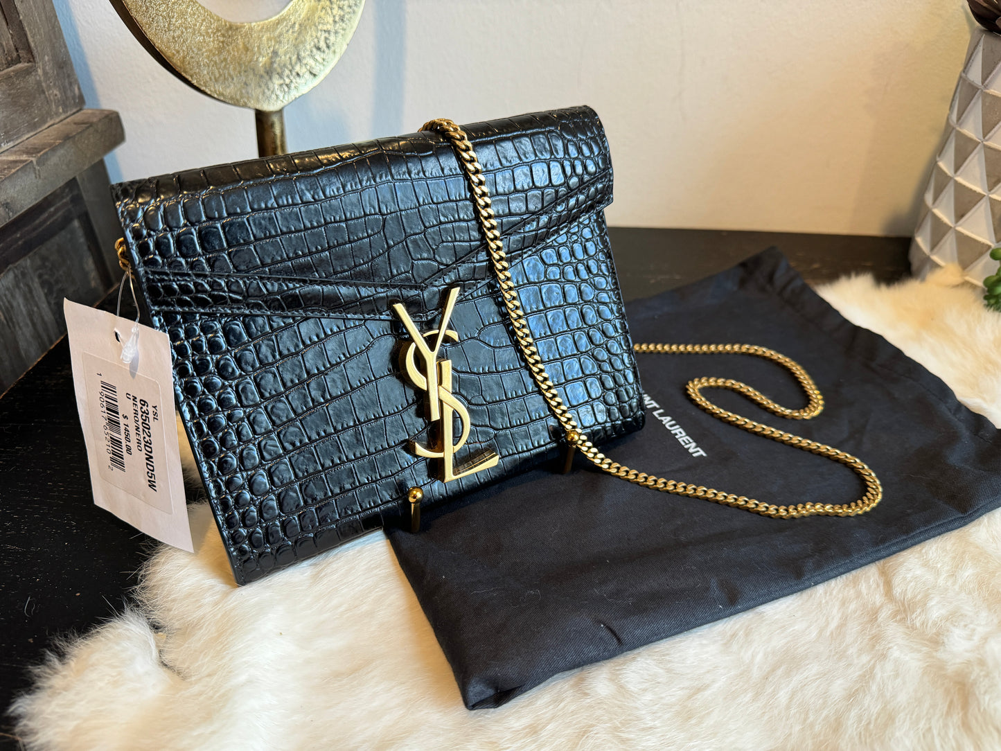 YSL Cassandra Embossed Black Wallet on Chain