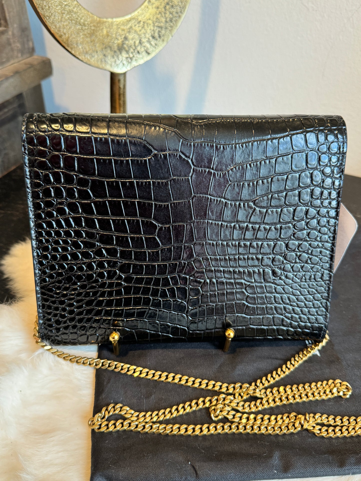 YSL Cassandra Embossed Black Wallet on Chain