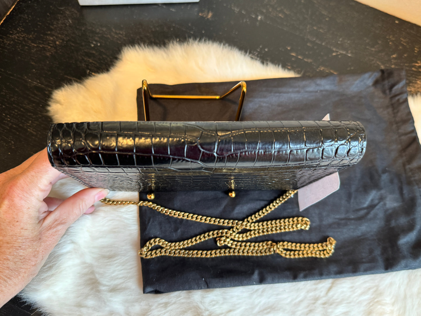 YSL Cassandra Embossed Black Wallet on Chain