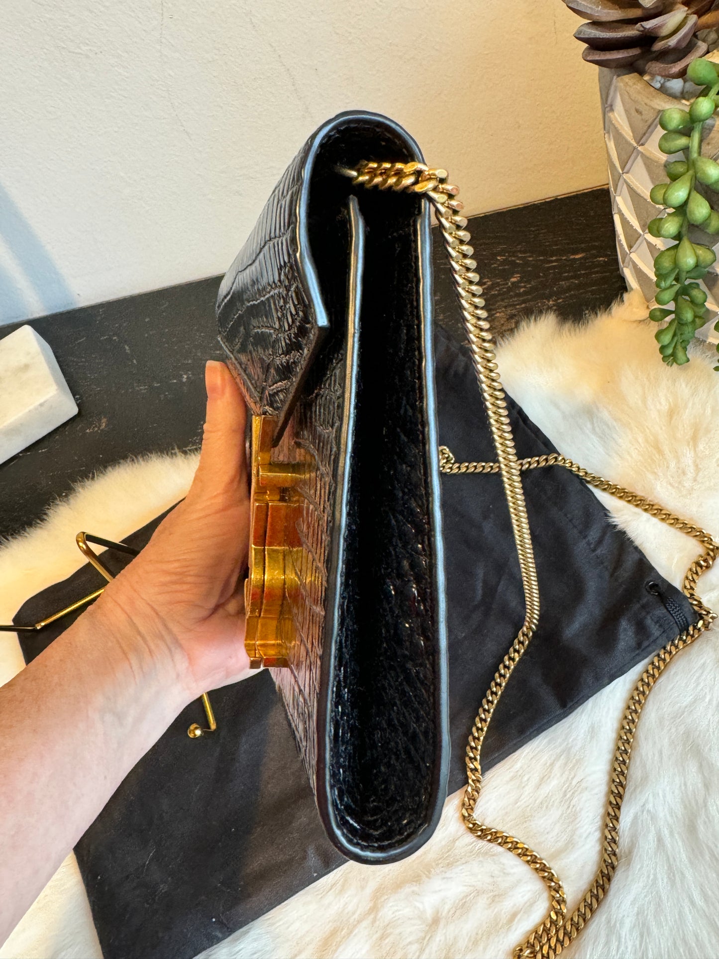 YSL Cassandra Embossed Black Wallet on Chain