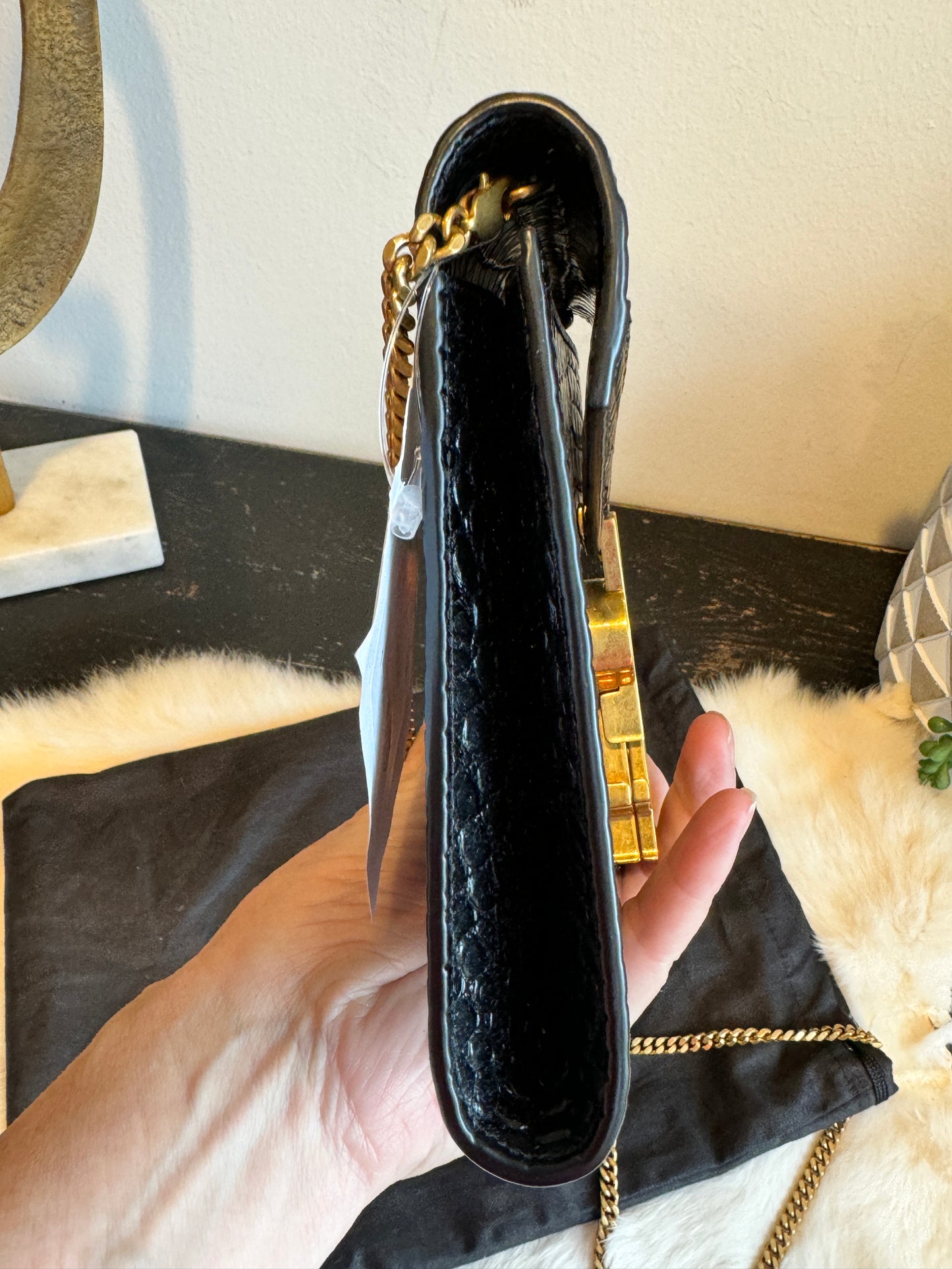 YSL Cassandra Embossed Black Wallet on Chain