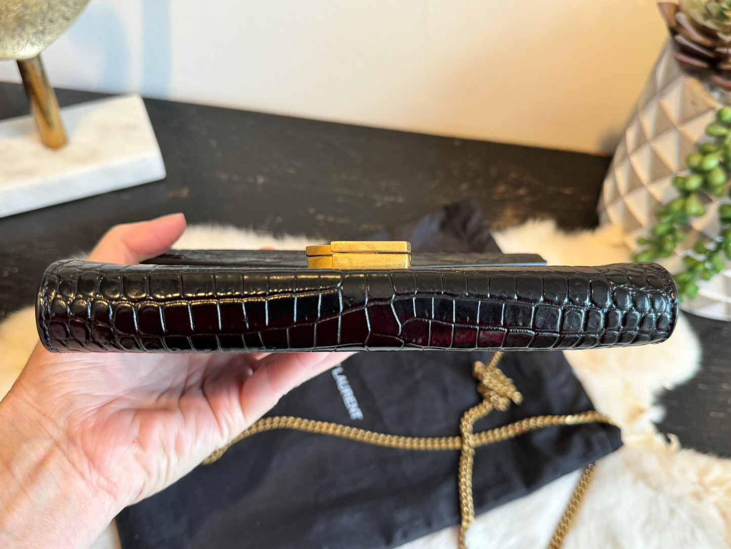 YSL Cassandra Embossed Black Wallet on Chain