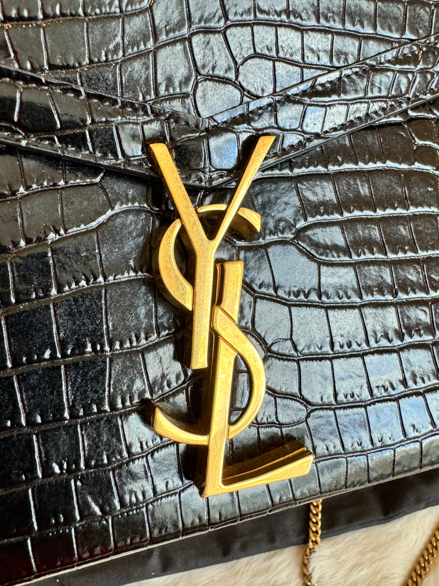 YSL Cassandra Embossed Black Wallet on Chain