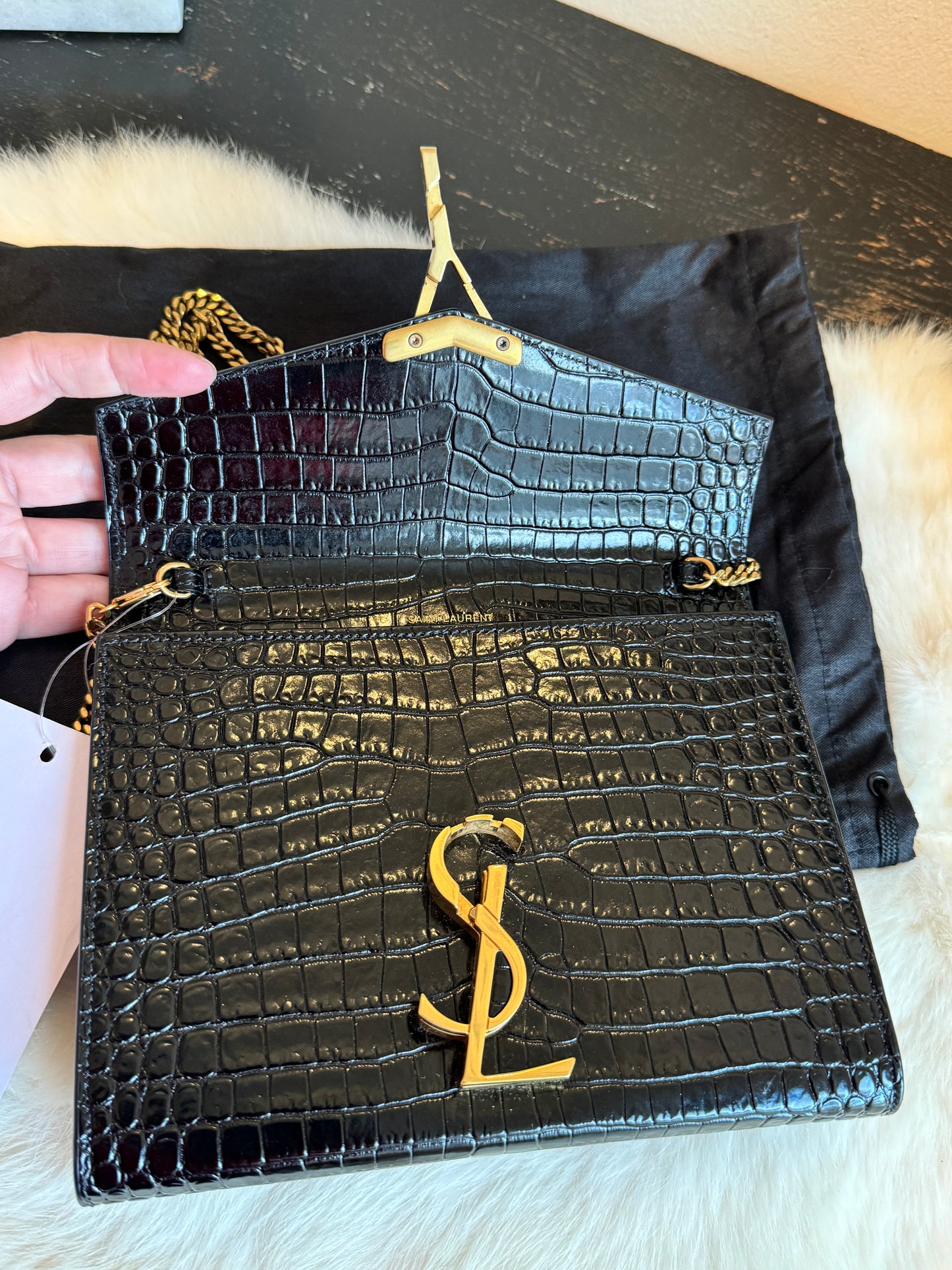 YSL Cassandra Embossed Black Wallet on Chain