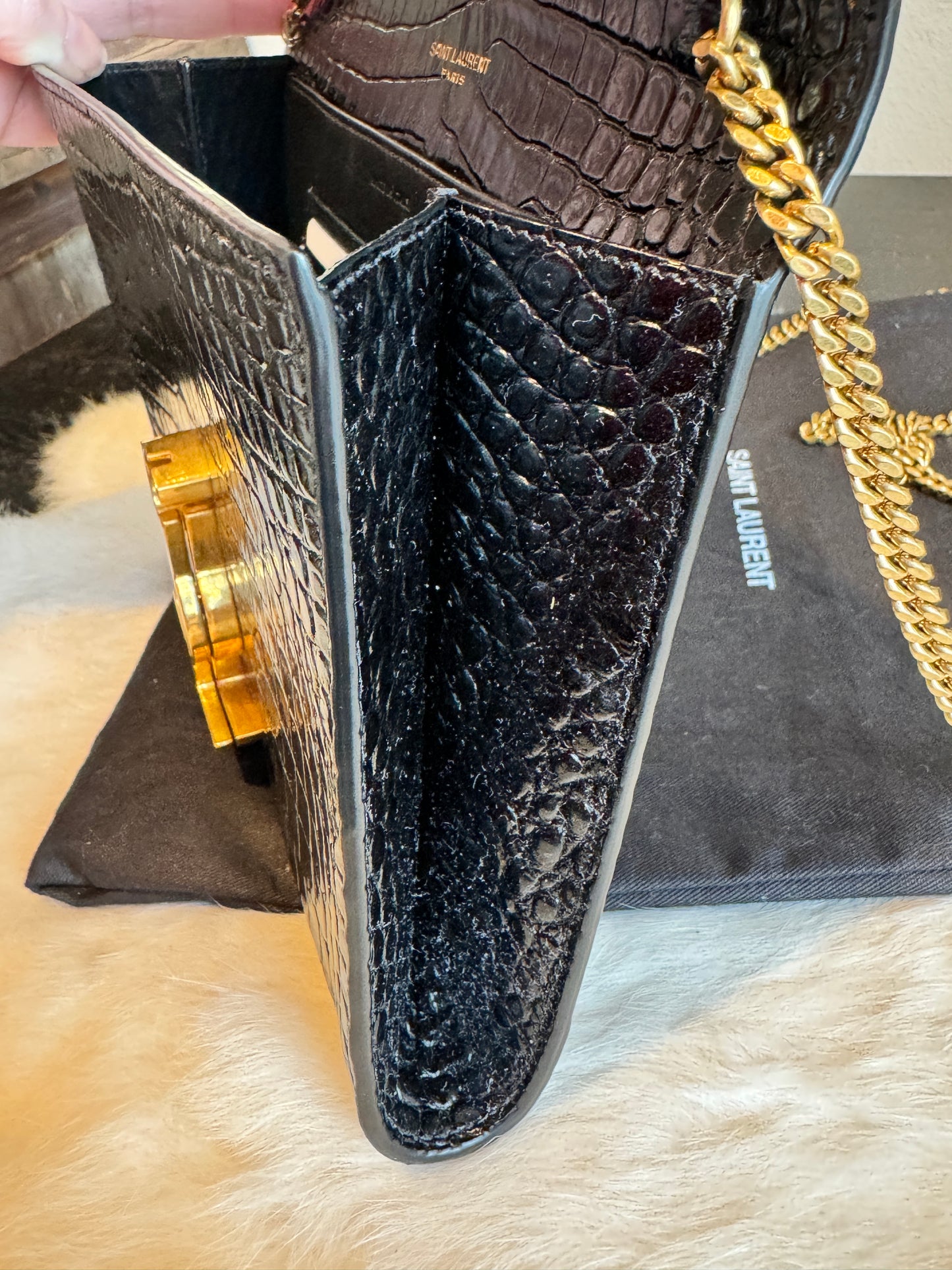 YSL Cassandra Embossed Black Wallet on Chain