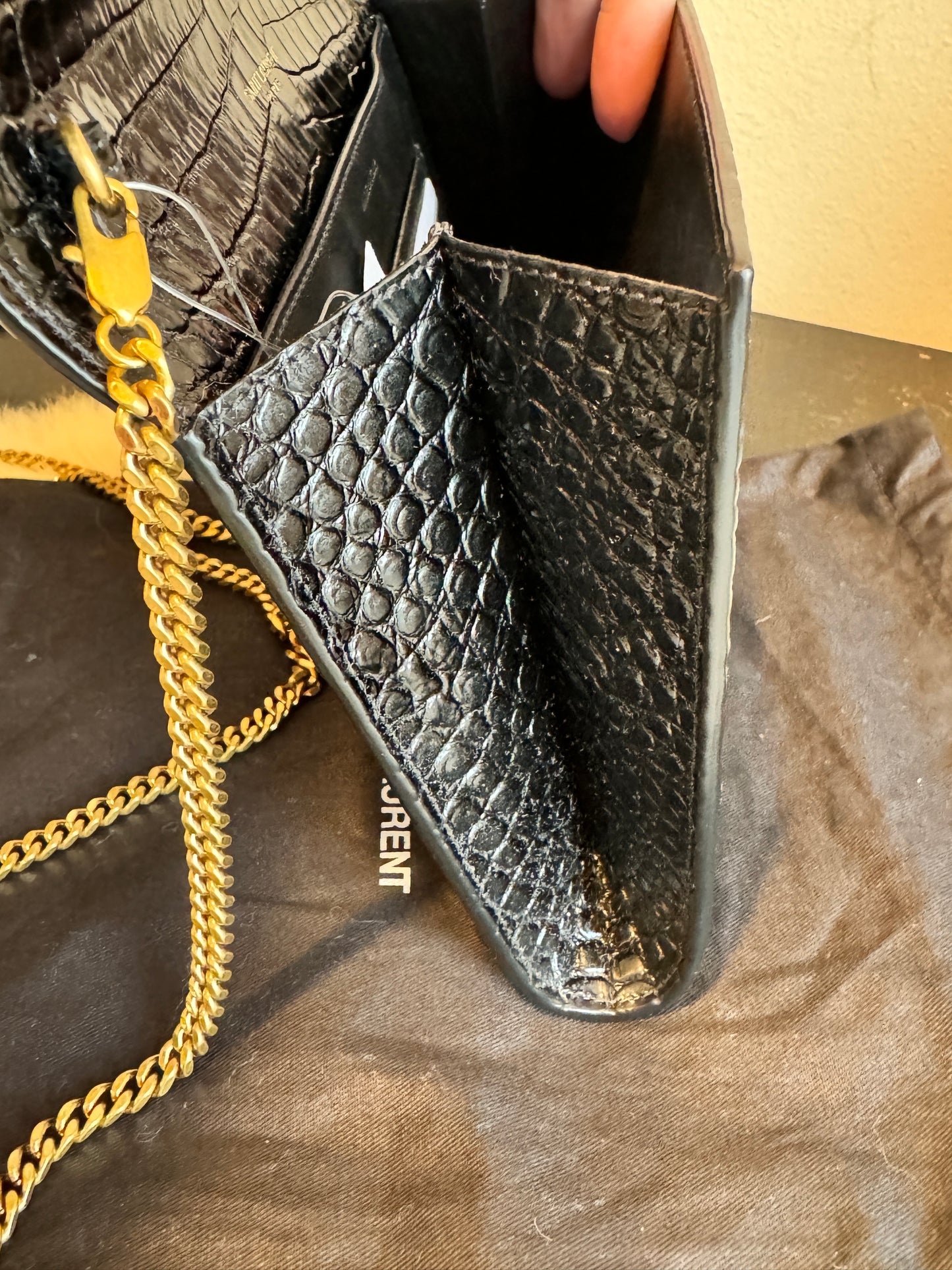 YSL Cassandra Embossed Black Wallet on Chain