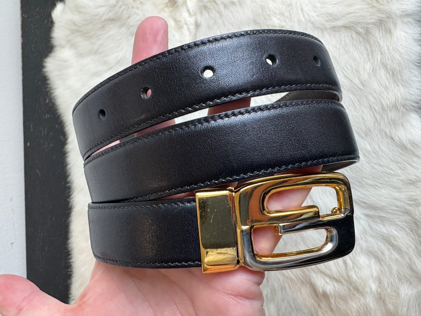 Gucci Parfums Men's Vintage Black Leather Belt Two Tone GG