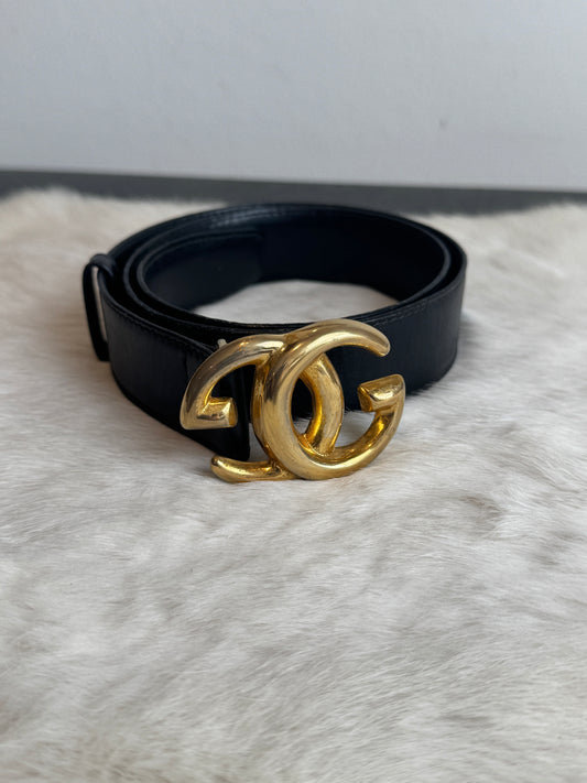 Gucci Vintage Black Leather 1 1/8" Belt Gold GG