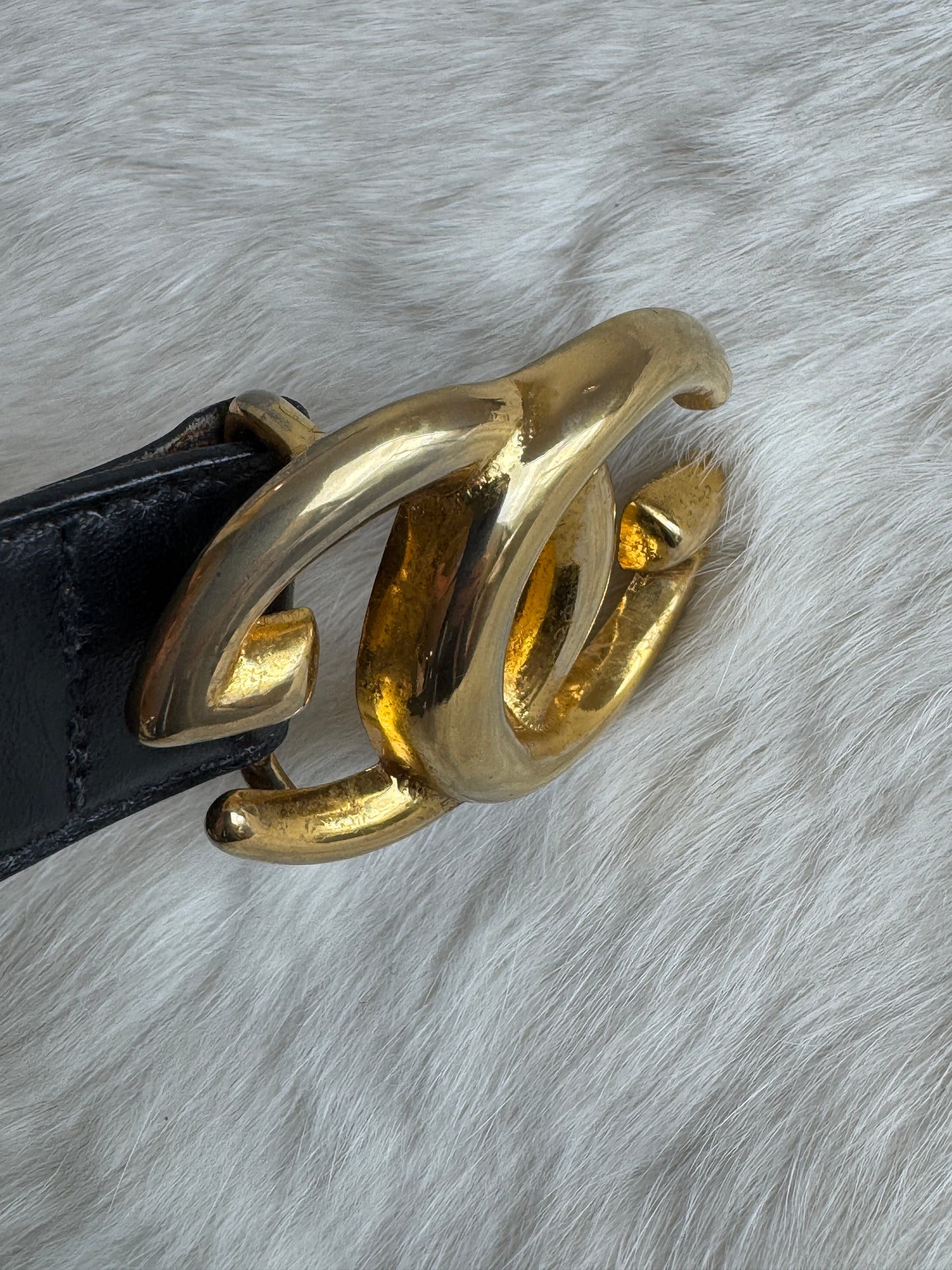Gucci Vintage Black Leather 1 1/8" Belt Gold GG