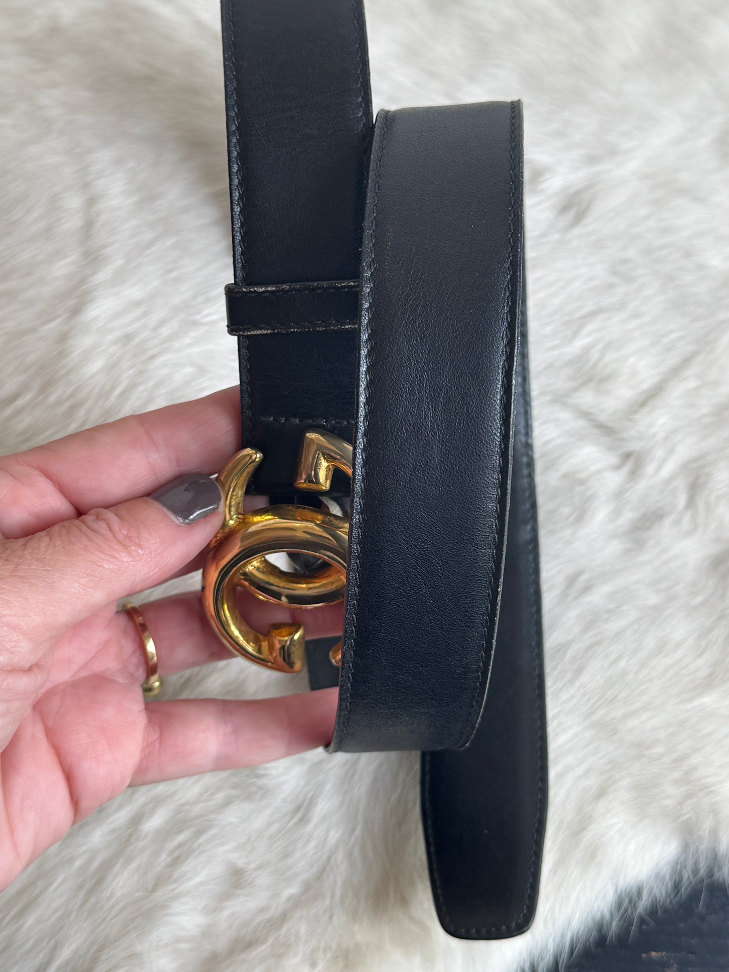 Gucci Vintage Black Leather 1 1/8" Belt Gold GG