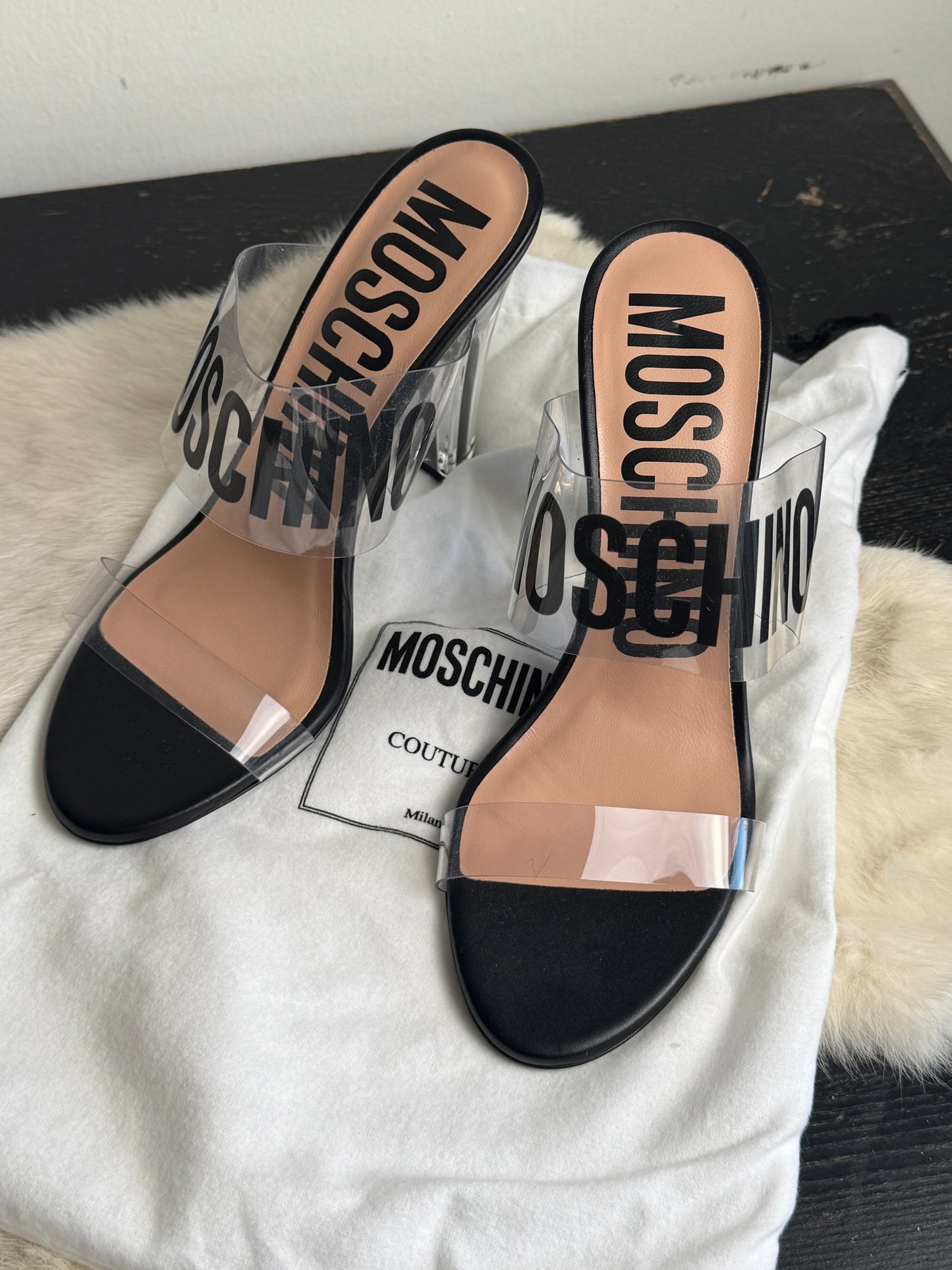 Moschino Couture Clear Black Logo Transparent Sandal Heels
