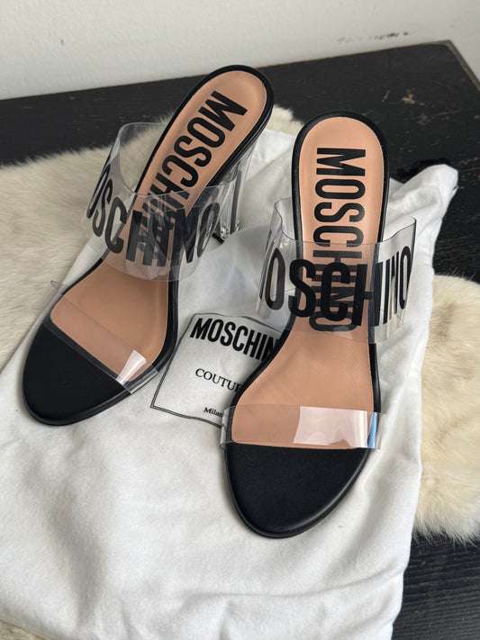 Moschino Couture Clear Black Logo Transparent Sandal Heels