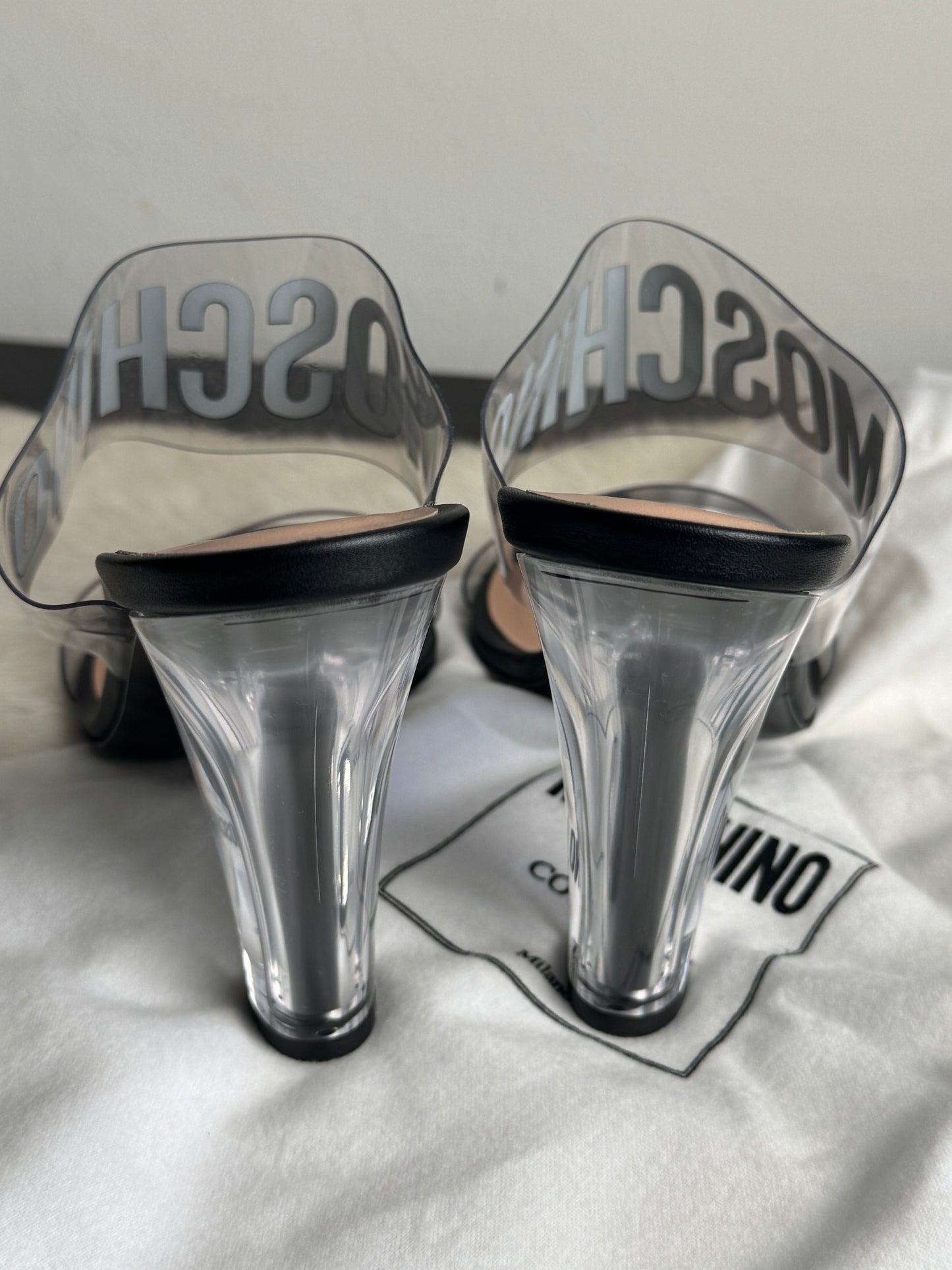 Moschino Couture Clear Black Logo Transparent Sandal Heels