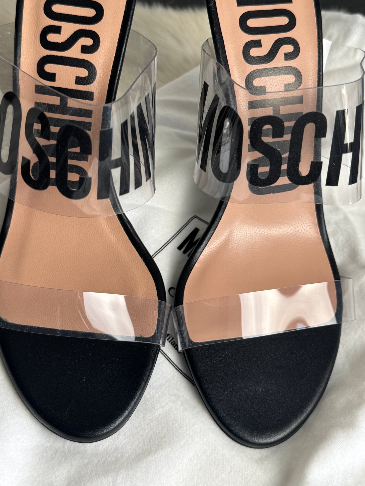 Moschino Couture Clear Black Logo Transparent Sandal Heels