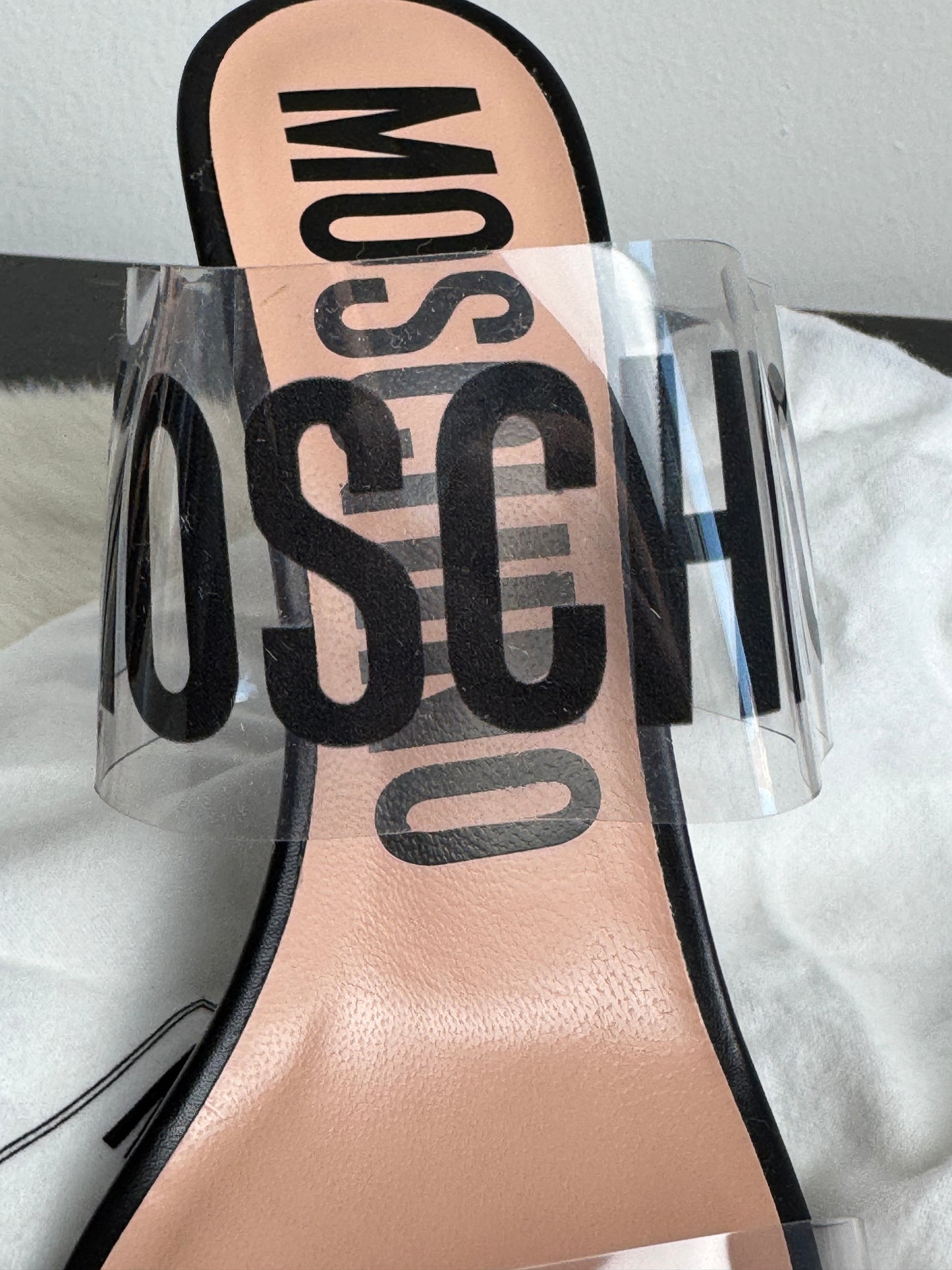 Moschino Couture Clear Black Logo Transparent Sandal Heels
