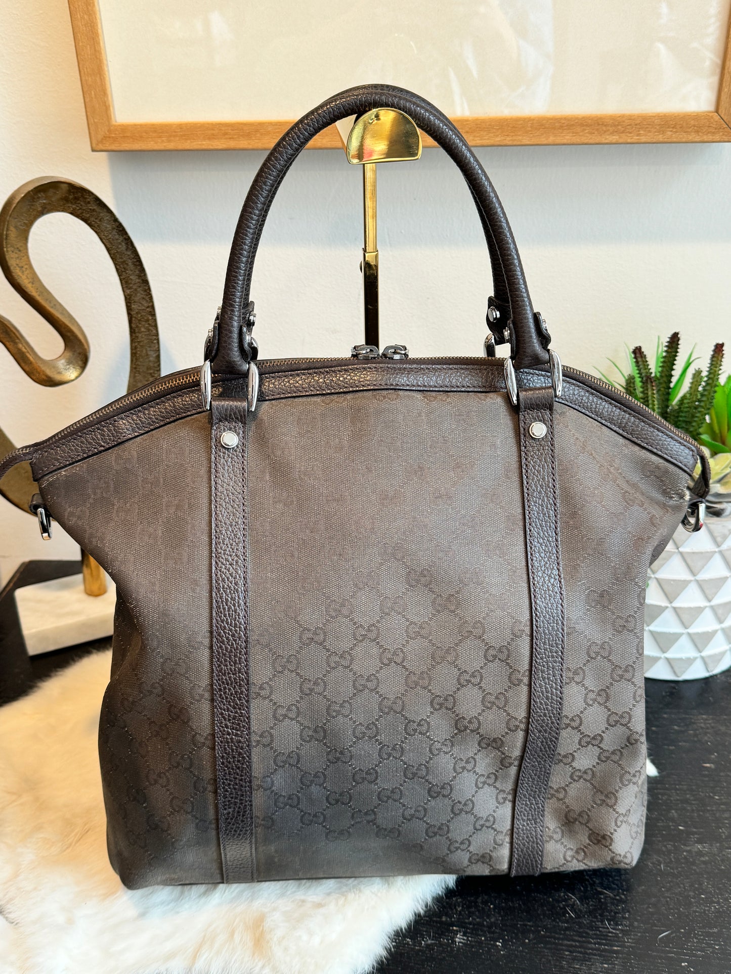 GUCCI DK Brown Canvas/Leather Large Dome Tote