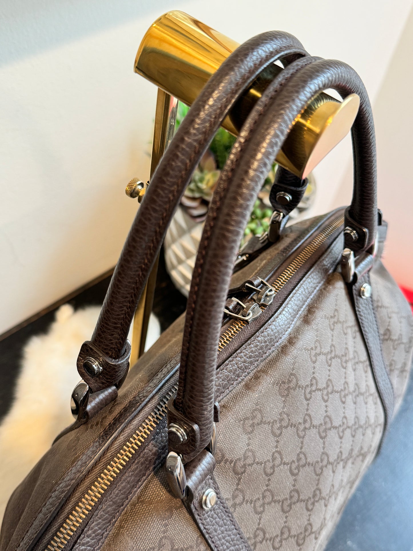 GUCCI DK Brown Canvas/Leather Large Dome Tote