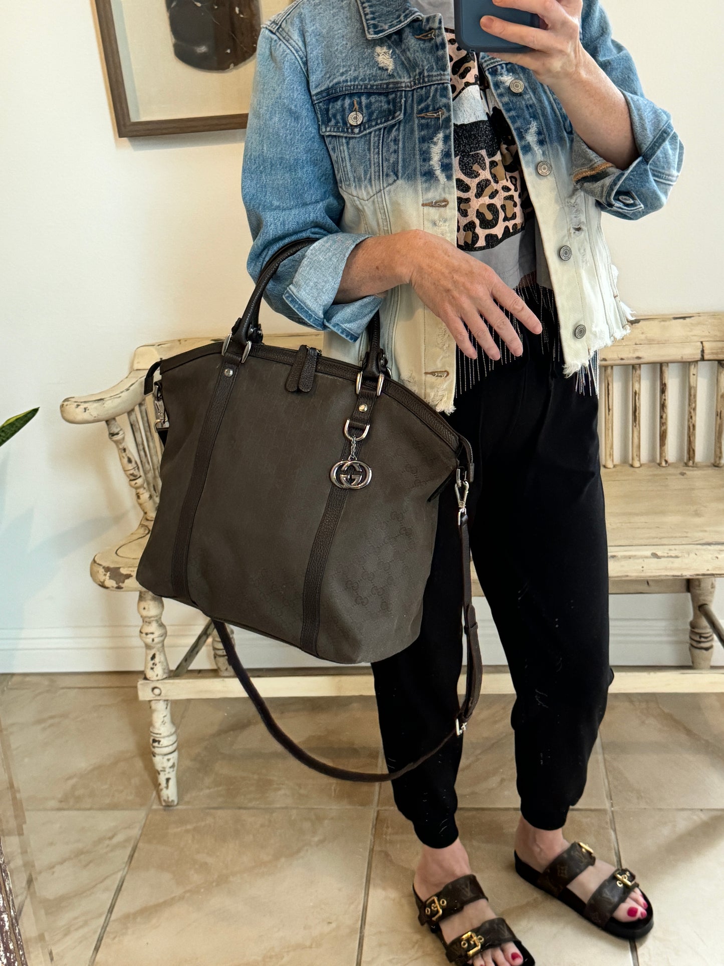 GUCCI DK Brown Canvas/Leather Large Dome Tote