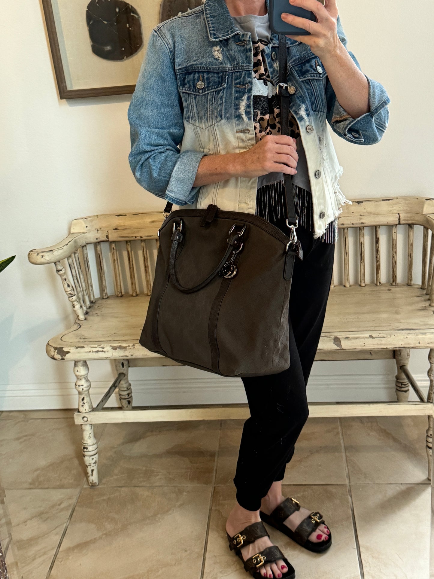GUCCI DK Brown Canvas/Leather Large Dome Tote