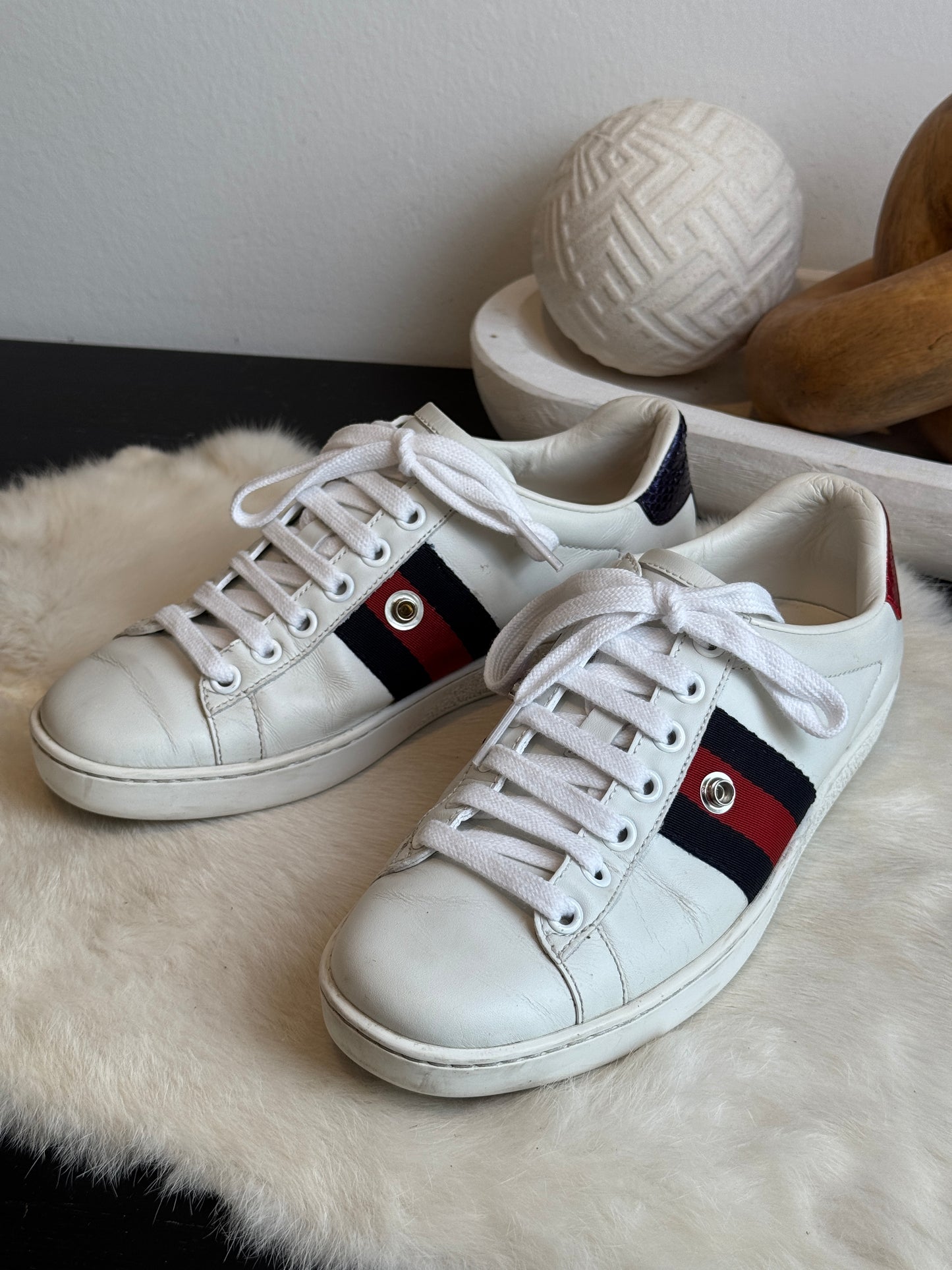 Gucci Ace Web Navy/Red Snaps Sneakers Size 34EU