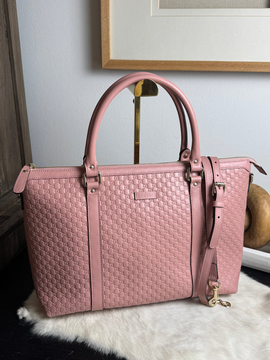 GUCCI Pink Soft Micro-Guccissima Large Zippered Satchel