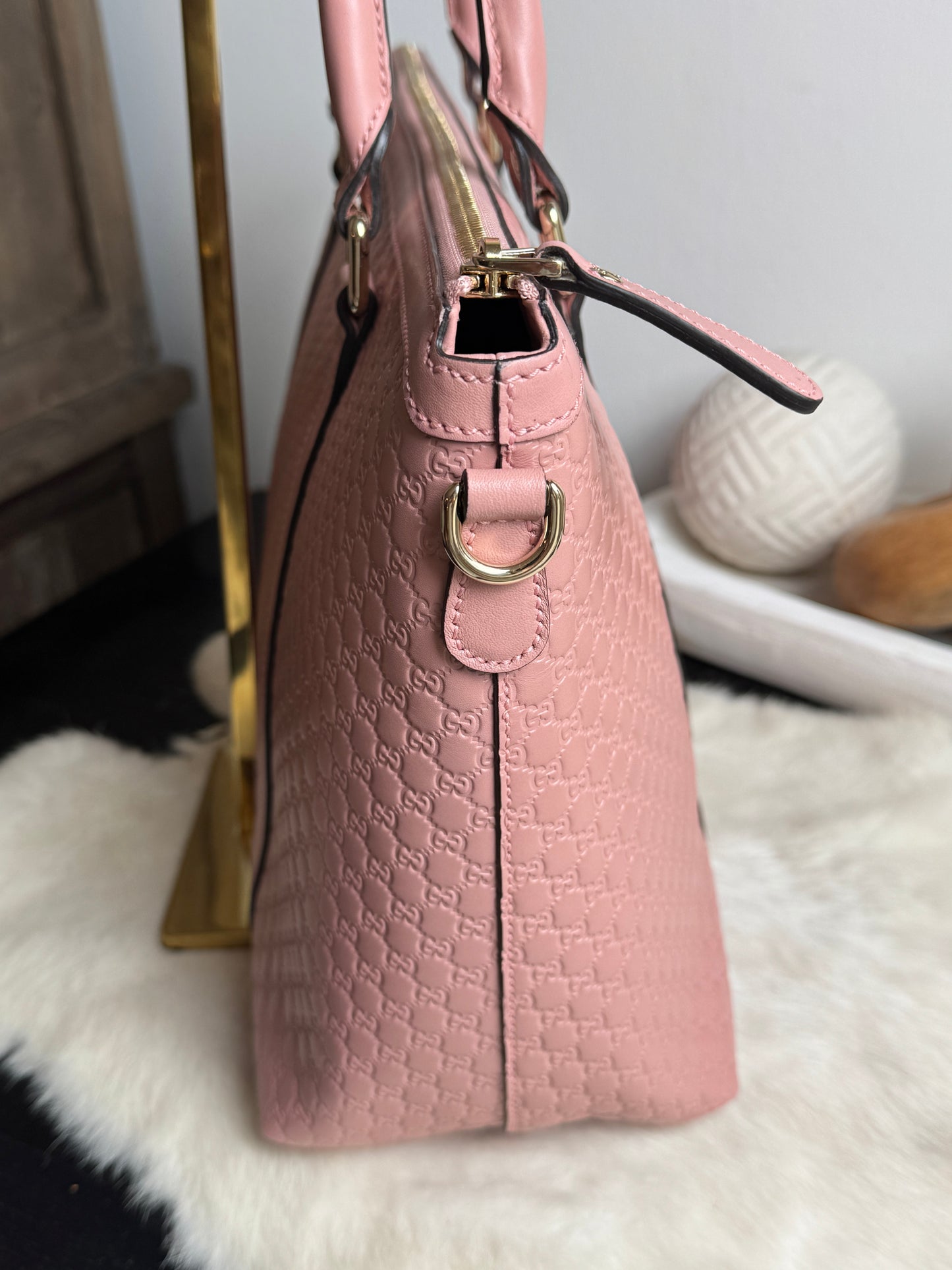 GUCCI Pink Soft Micro-Guccissima Large Zippered Satchel
