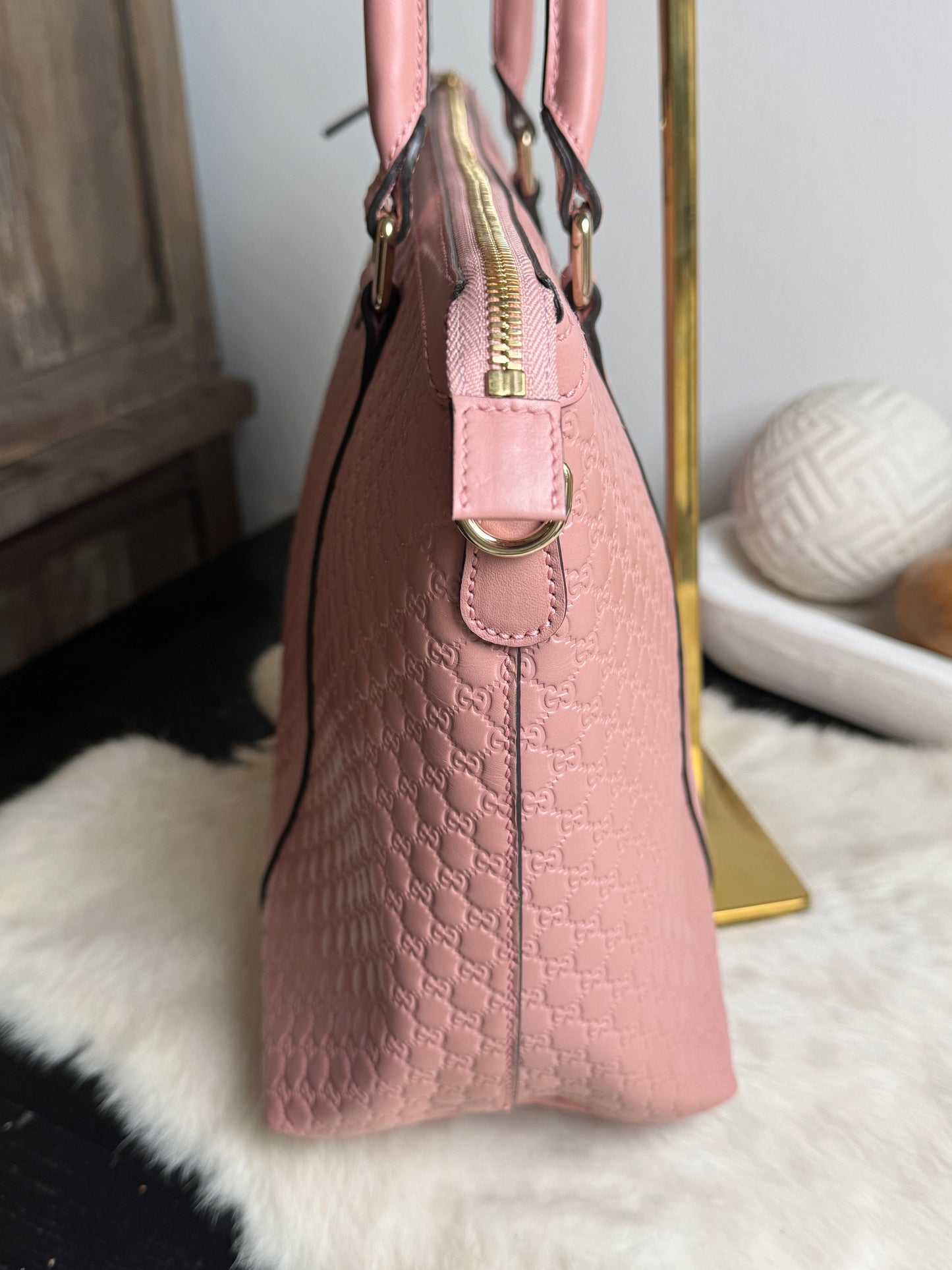 GUCCI Pink Soft Micro-Guccissima Large Zippered Satchel