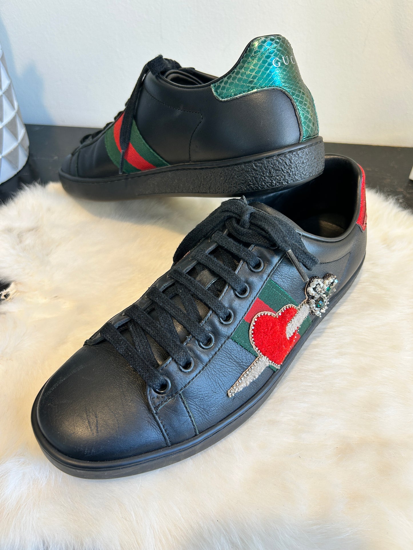 GUCCI Ace Beaded Black Sword Heart Sneakers Women's 37.5