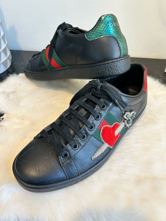 GUCCI Ace Beaded Black Sword Heart Sneakers Women's 37.5