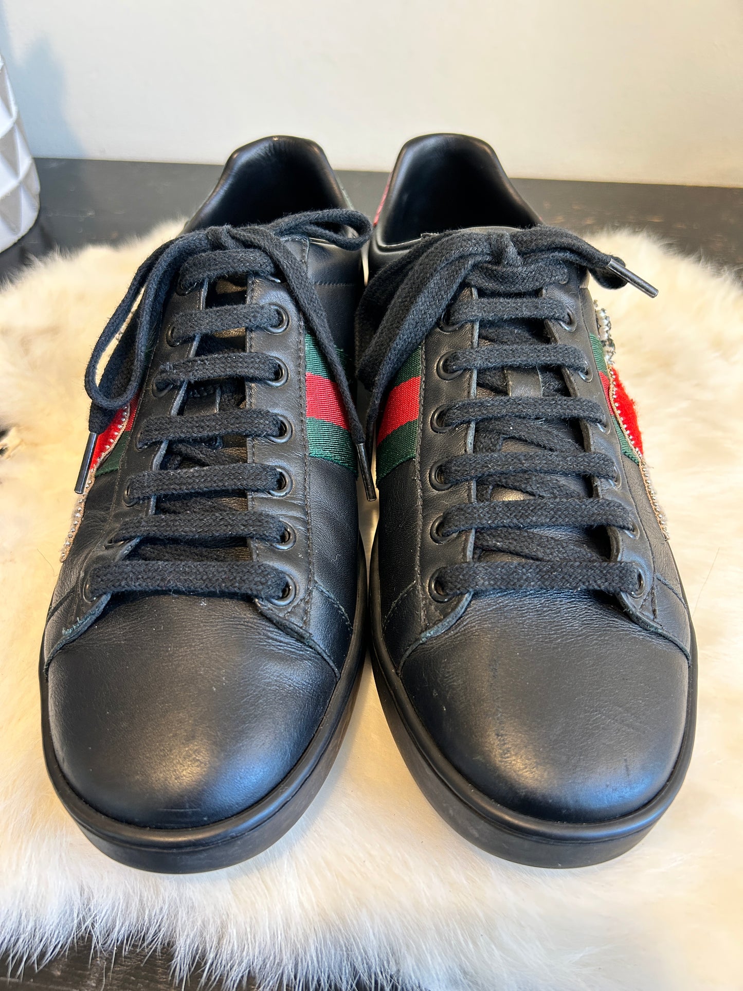 GUCCI Ace Beaded Black Sword Heart Sneakers Women's 37.5