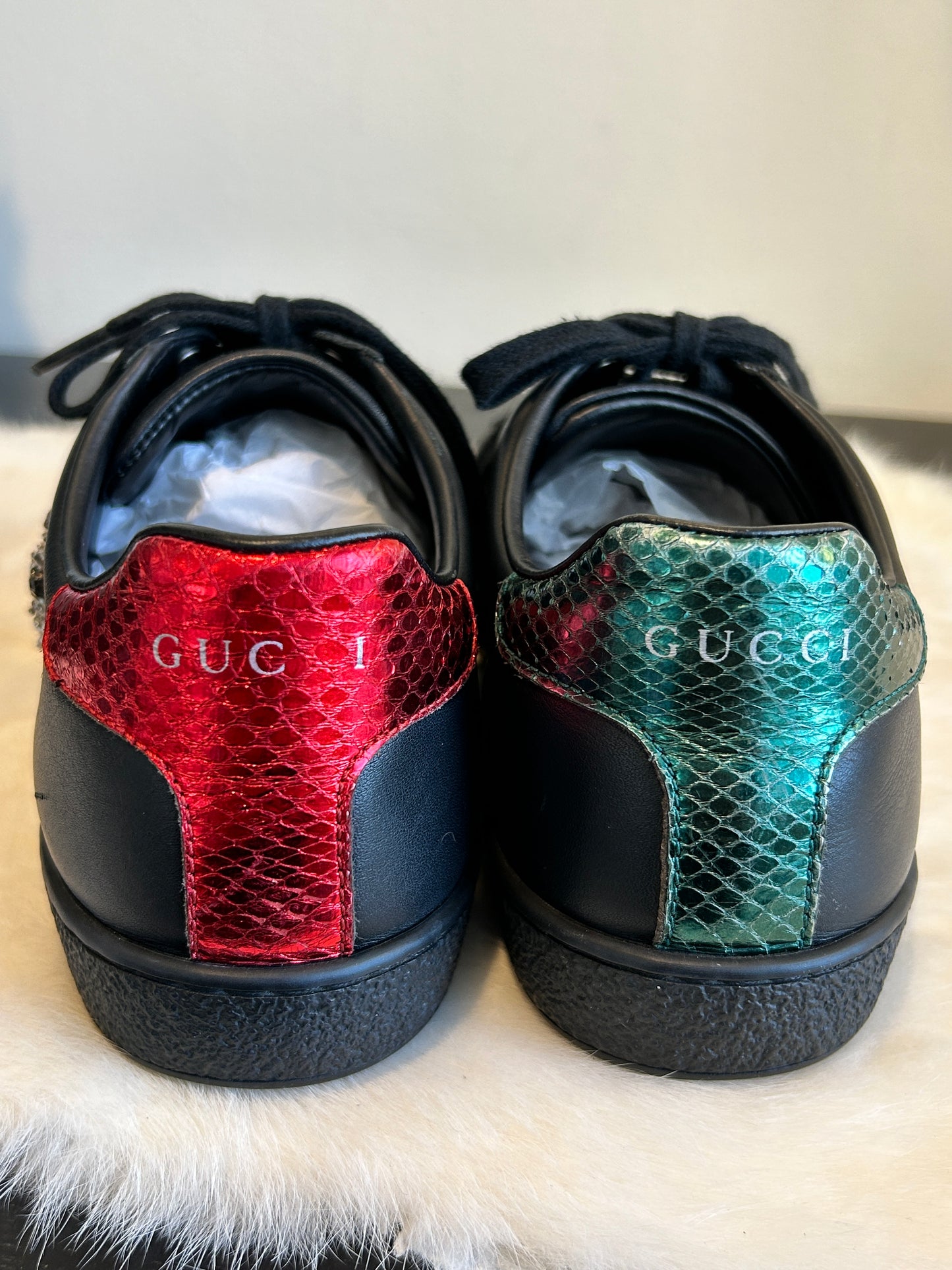 GUCCI Ace Beaded Black Sword Heart Sneakers Women's 37.5