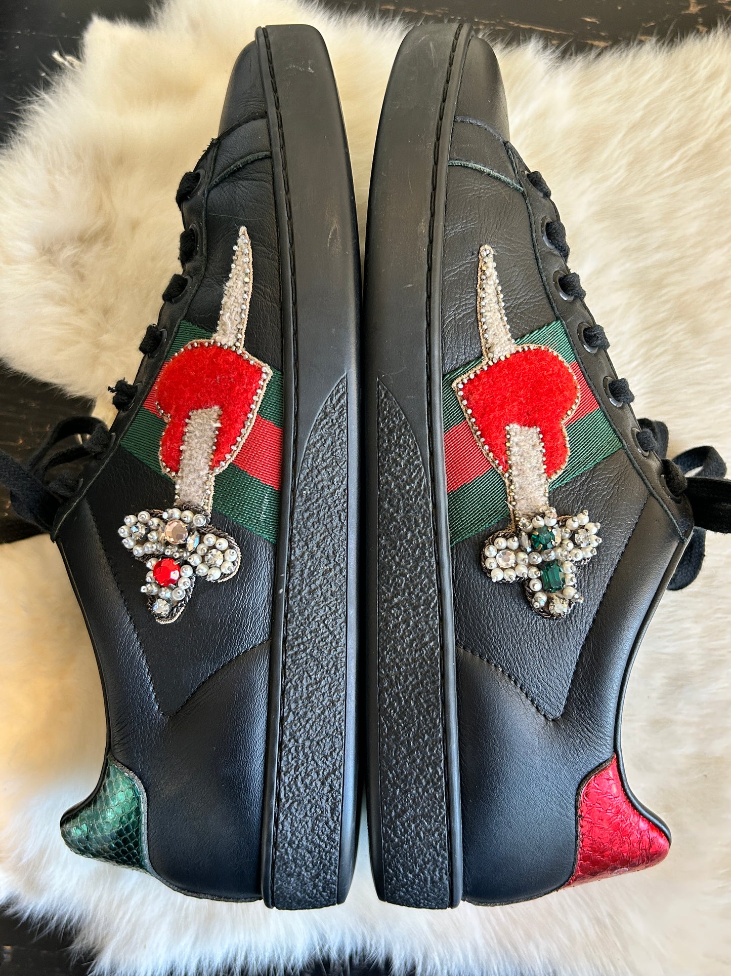 GUCCI Ace Beaded Black Sword Heart Sneakers Women's 37.5