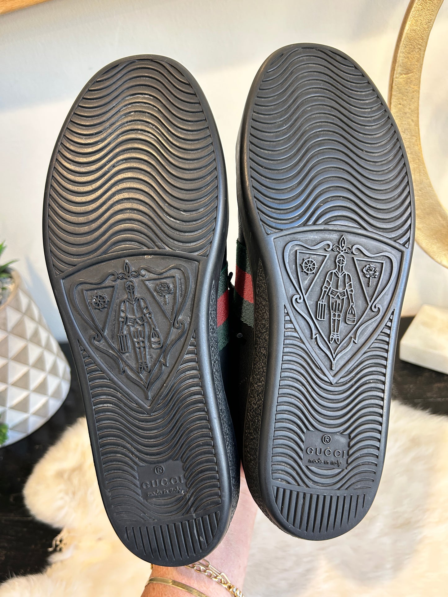 GUCCI Ace Beaded Black Sword Heart Sneakers Women's 37.5