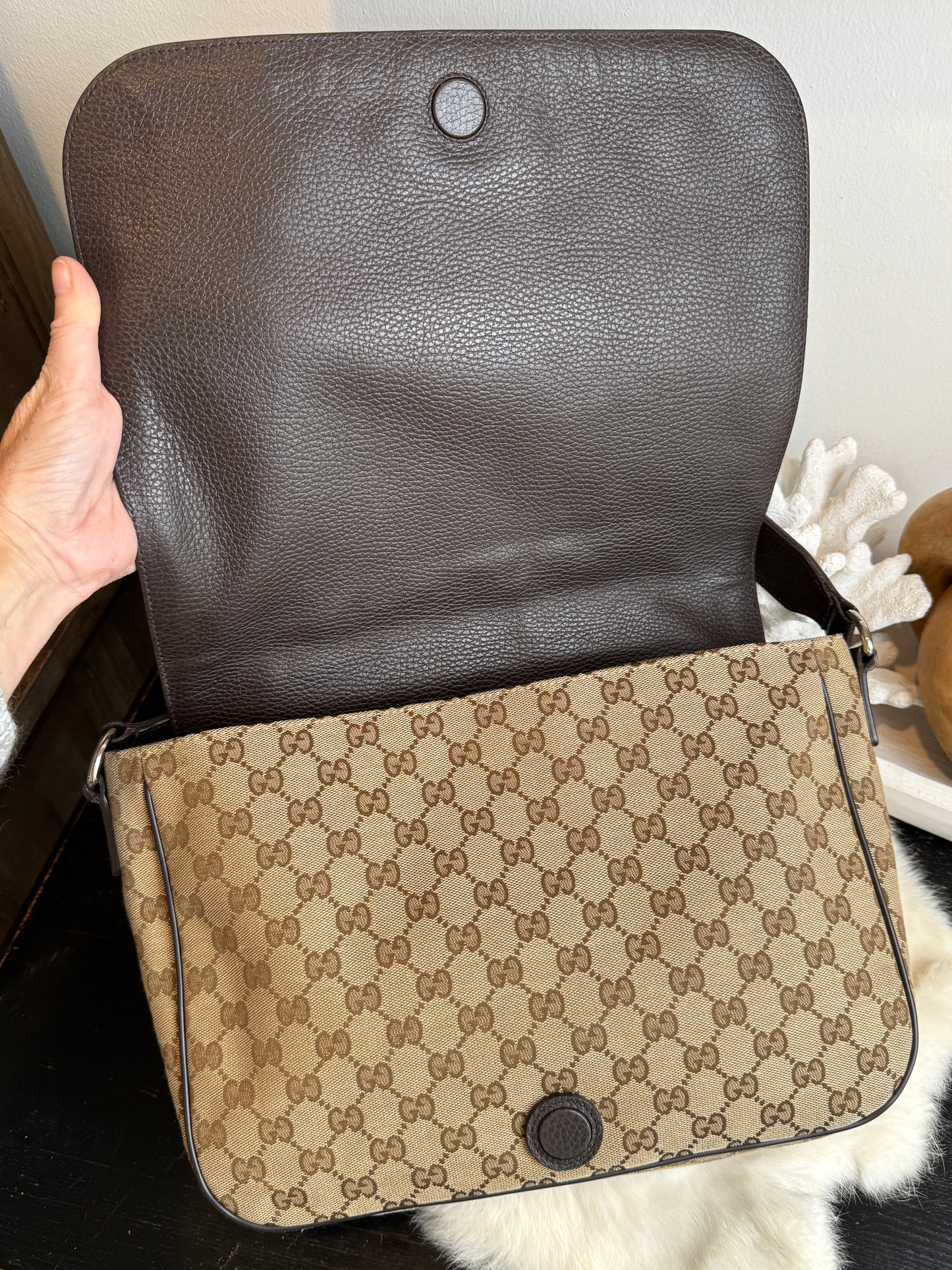 GUCCI Canvas Large Messenger Brown Bag