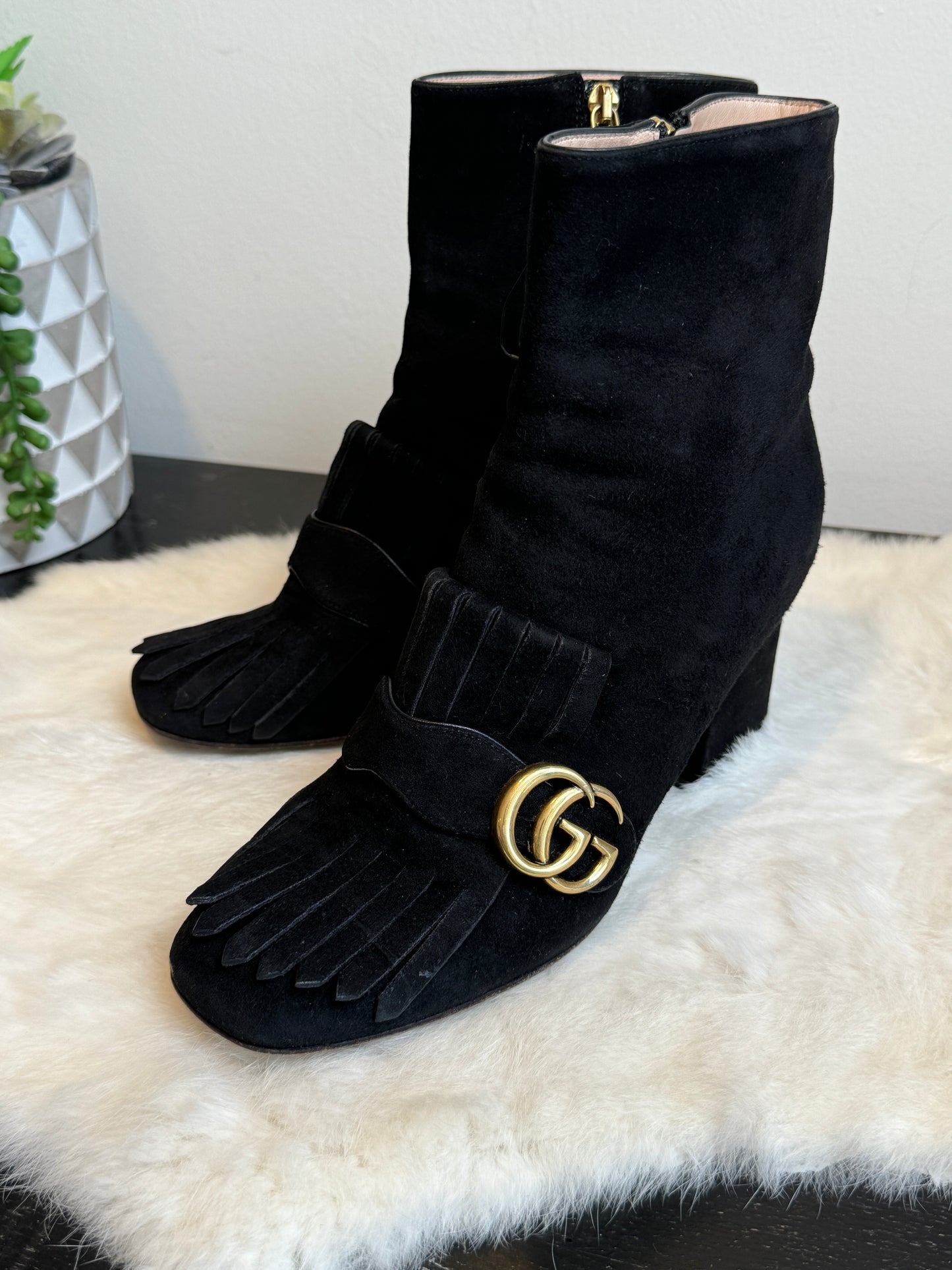 GUCCI Suede Marmont Fringe Boot Black 38EU