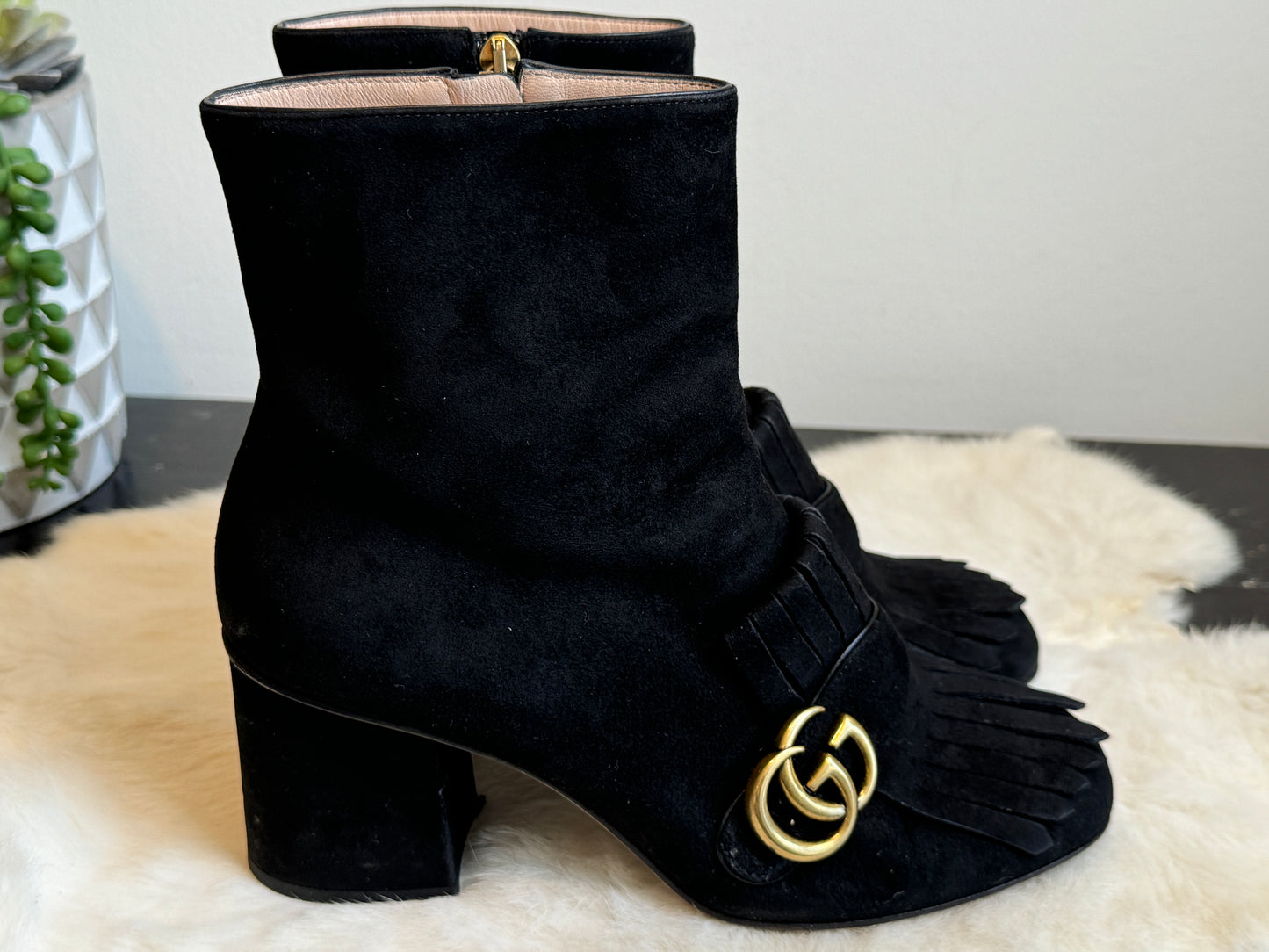 GUCCI Suede Marmont Fringe Boot Black 38EU